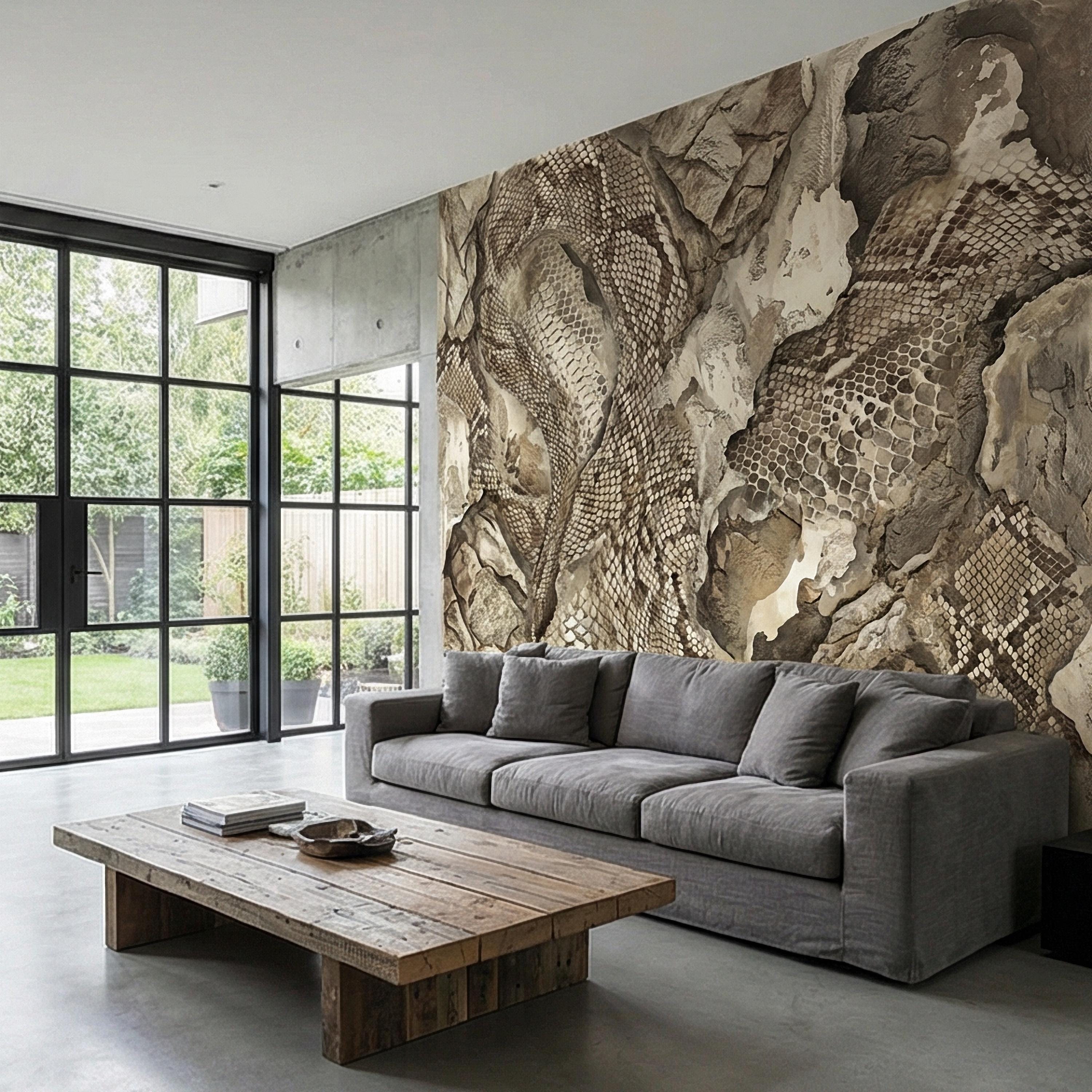 Snakeskin Texture Peel and Stick Wall Mural, Distressed Reptile Scale, Weathered Stone Surface, Neutral Earth Tone Python Wallpaper