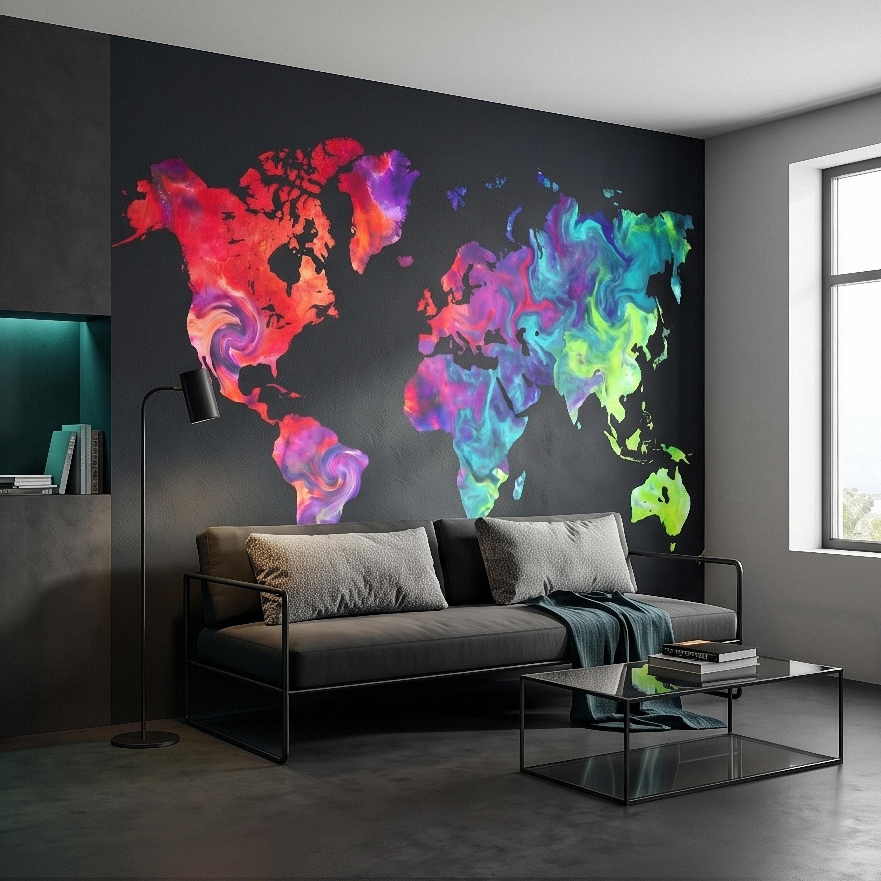 Vibrant Colorful World Map Peel and Stick Wall Mural, Abstract Ink Swirl Continents on Black, Modern Travel Geography, Statement Wallpaper