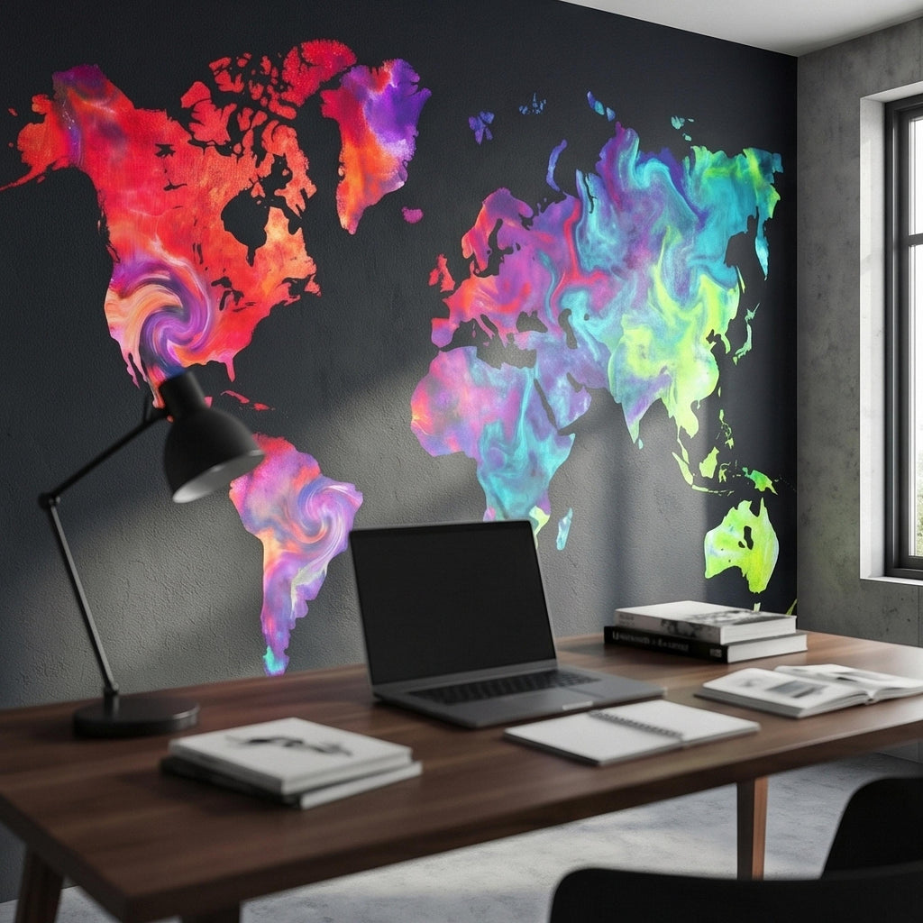 Vibrant Colorful World Map Peel and Stick Wall Mural, Abstract Ink Swirl Continents on Black, Modern Travel Geography, Statement Wallpaper