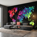 Vibrant Colorful World Map Peel and Stick Wall Mural, Abstract Ink Swirl Continents on Black, Modern Travel Geography, Statement Wallpaper