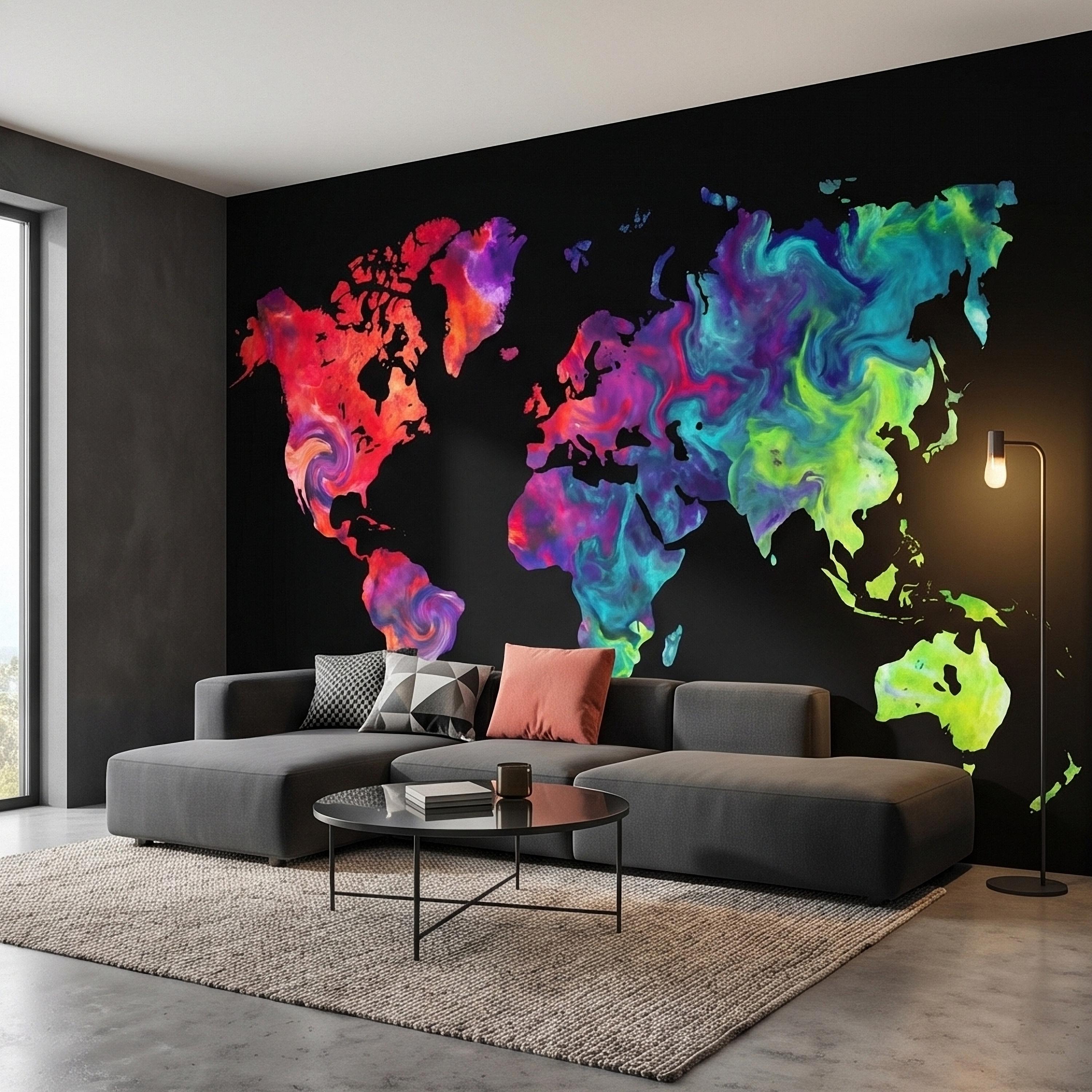 Vibrant Colorful World Map Peel and Stick Wall Mural, Abstract Ink Swirl Continents on Black, Modern Travel Geography, Statement Wallpaper