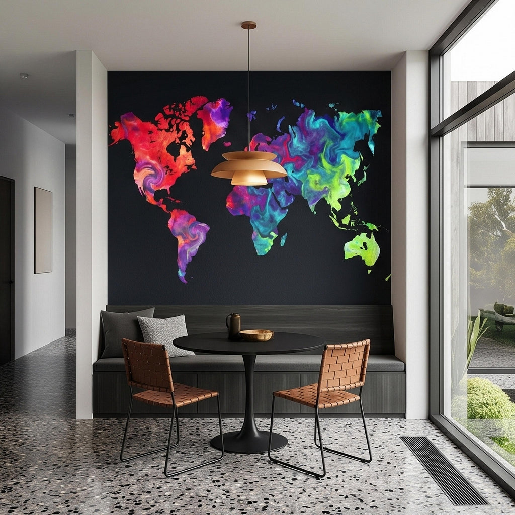 Vibrant Colorful World Map Peel and Stick Wall Mural, Abstract Ink Swirl Continents on Black, Modern Travel Geography, Statement Wallpaper