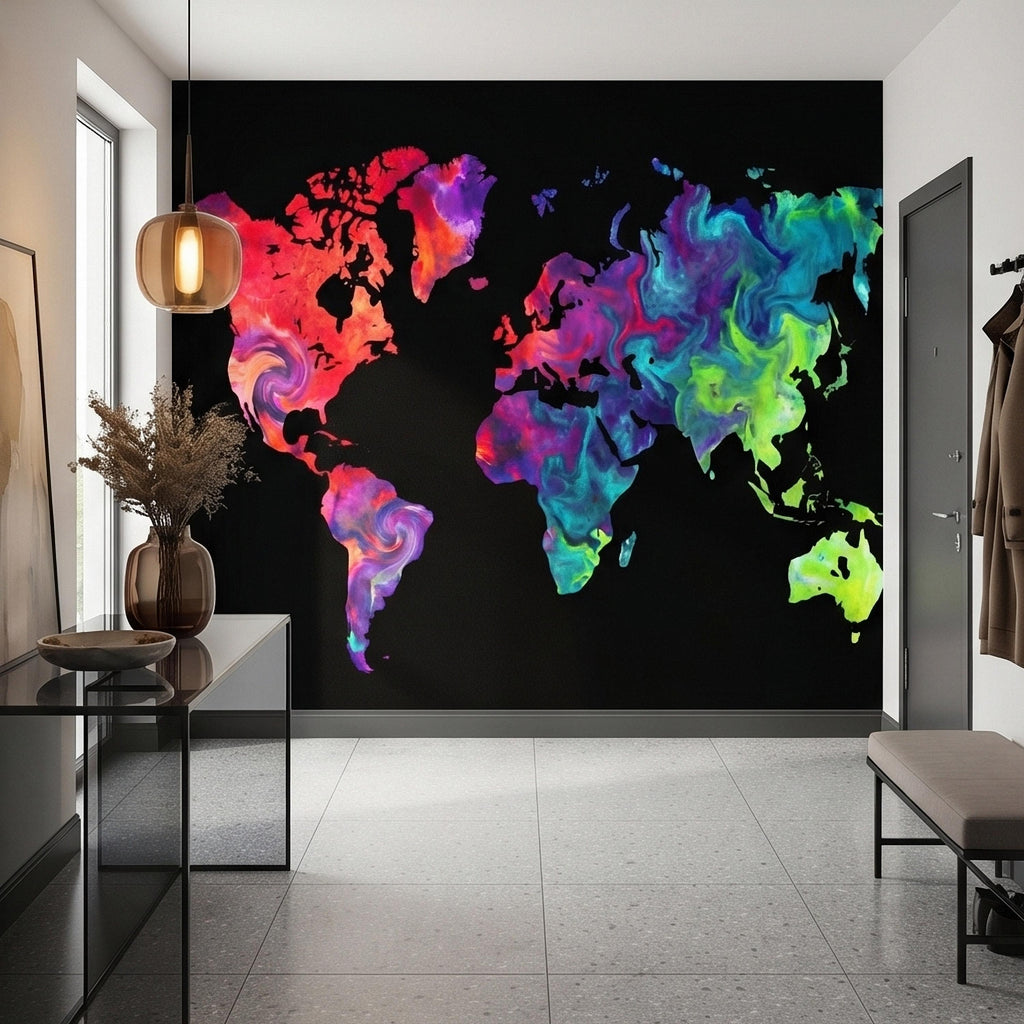 Vibrant Colorful World Map Peel and Stick Wall Mural, Abstract Ink Swirl Continents on Black, Modern Travel Geography, Statement Wallpaper