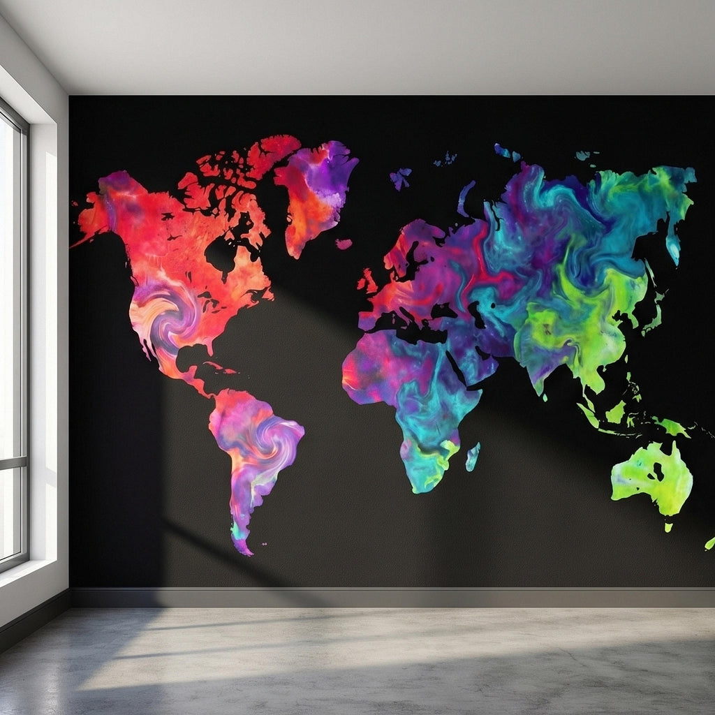 Vibrant Colorful World Map Peel and Stick Wall Mural, Abstract Ink Swirl Continents on Black, Modern Travel Geography, Statement Wallpaper