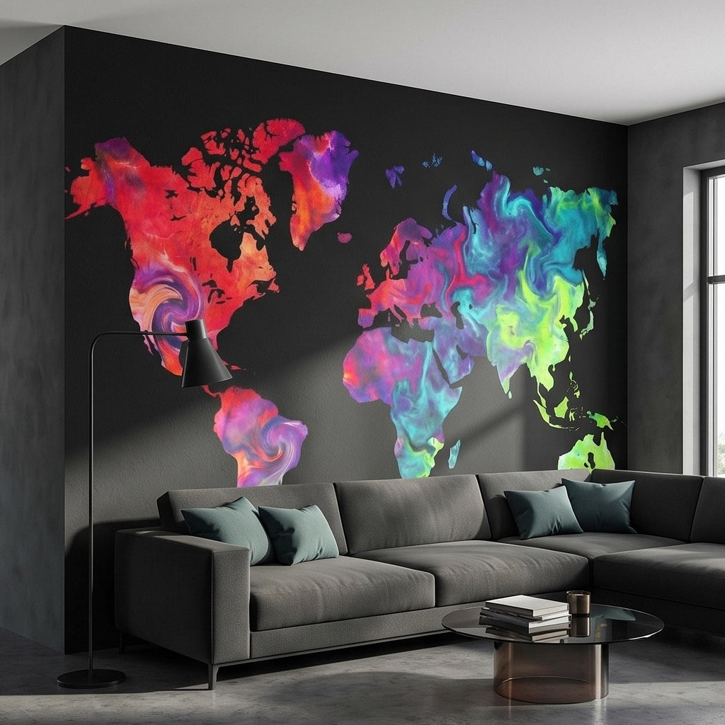 Vibrant Colorful World Map Peel and Stick Wall Mural, Abstract Ink Swirl Continents on Black, Modern Travel Geography, Statement Wallpaper