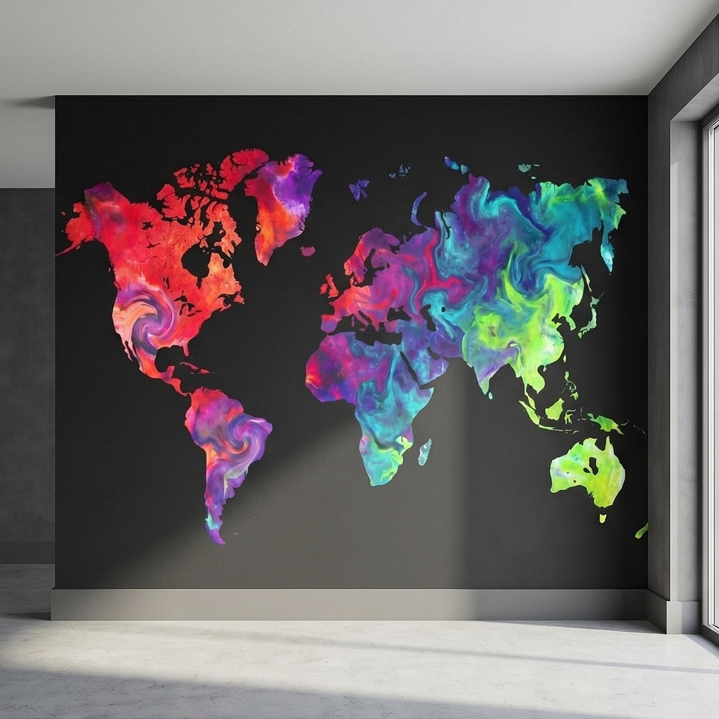 Vibrant Colorful World Map Peel and Stick Wall Mural, Abstract Ink Swirl Continents on Black, Modern Travel Geography, Statement Wallpaper