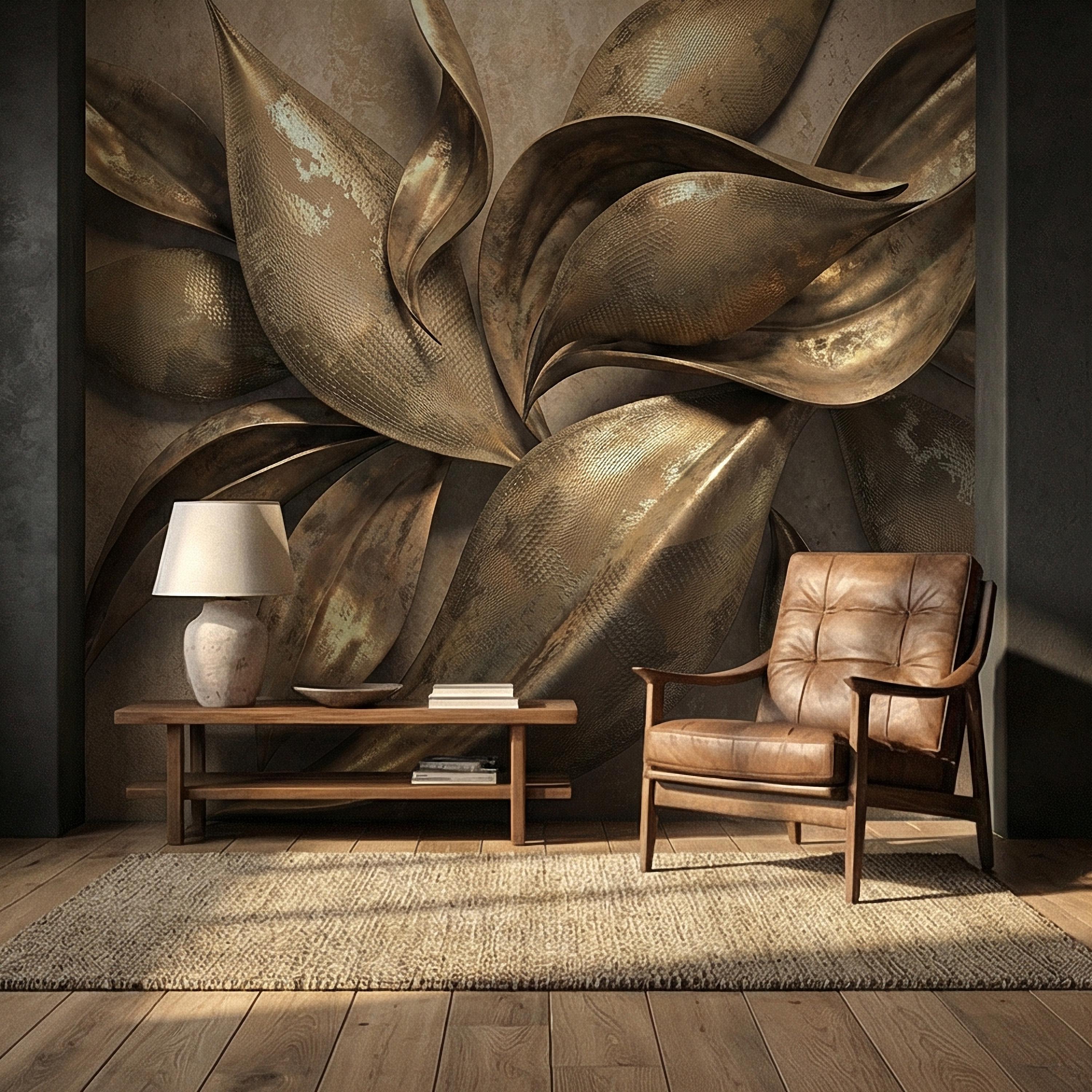 Abstract Leaf Peel and Stick Wall Mural, 3D Sculptural Antique Bronze Petals, Textured Botanical Floral Modern Luxury Wallpaper
