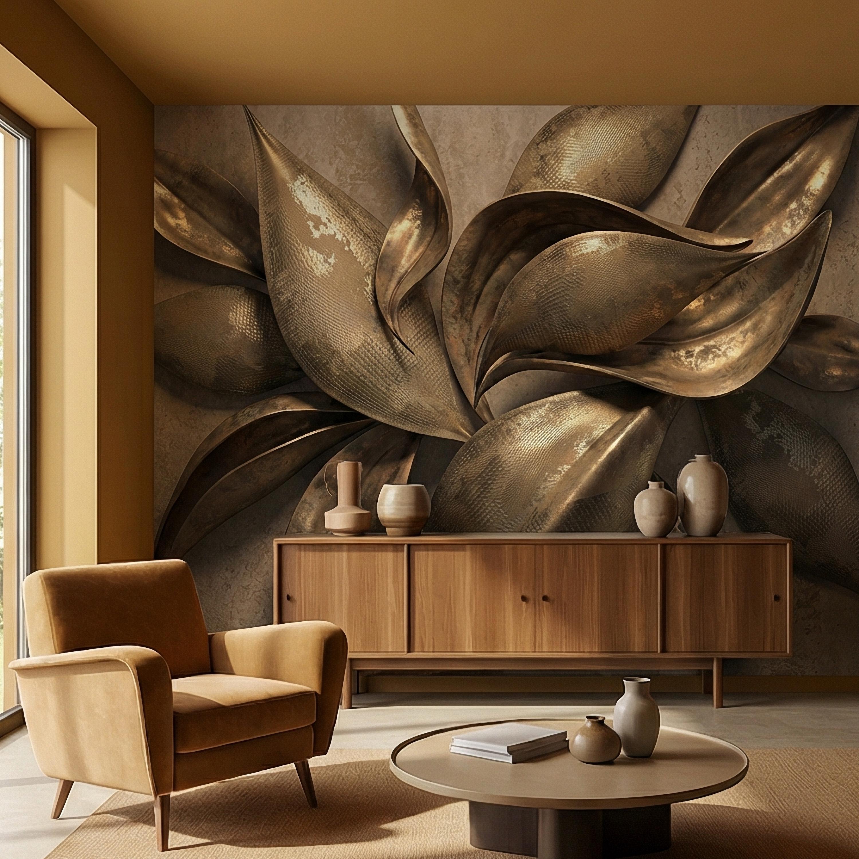 Abstract Leaf Peel and Stick Wall Mural, 3D Sculptural Antique Bronze Petals, Textured Botanical Floral Modern Luxury Wallpaper