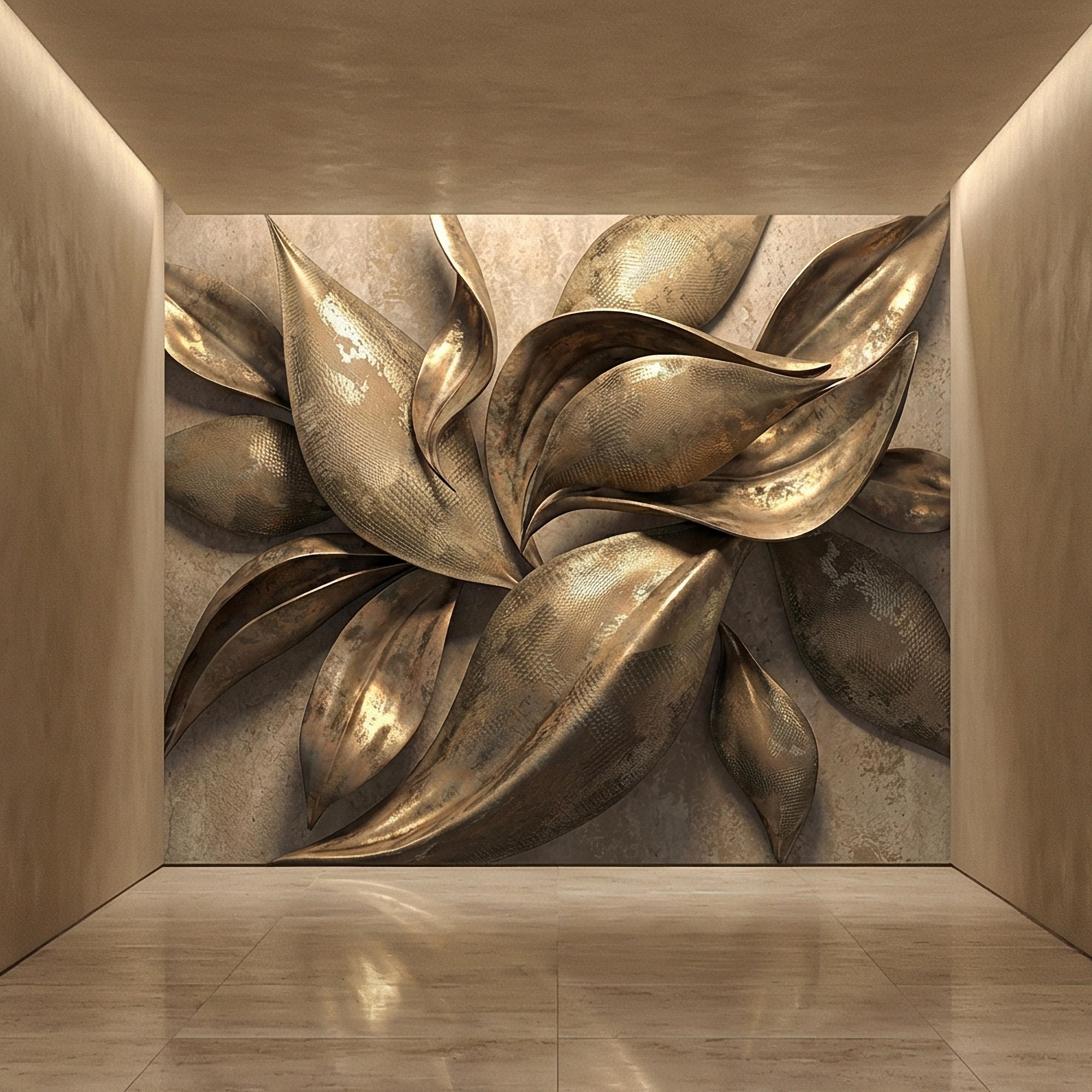 Abstract Leaf Peel and Stick Wall Mural, 3D Sculptural Antique Bronze Petals, Textured Botanical Floral Modern Luxury Wallpaper