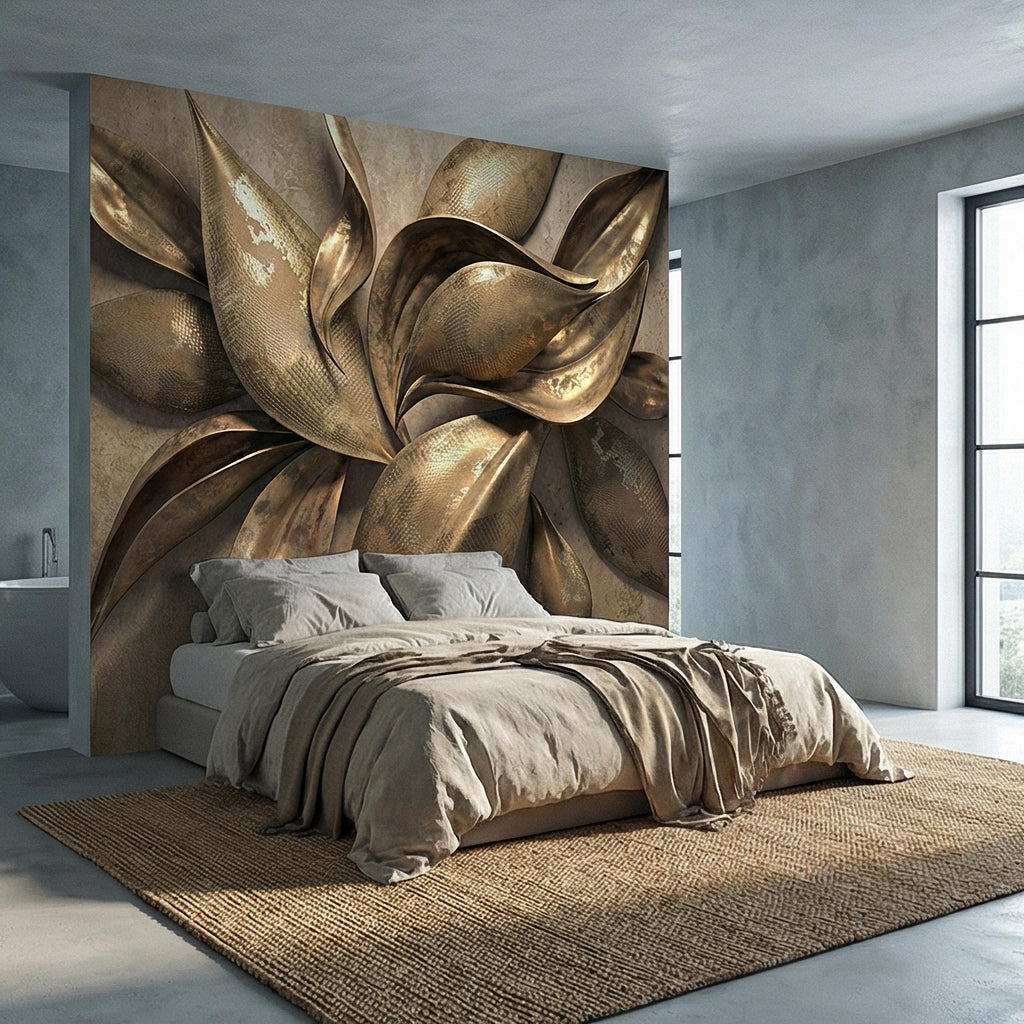 Abstract Leaf Peel and Stick Wall Mural, 3D Sculptural Antique Bronze Petals, Textured Botanical Floral Modern Luxury Wallpaper
