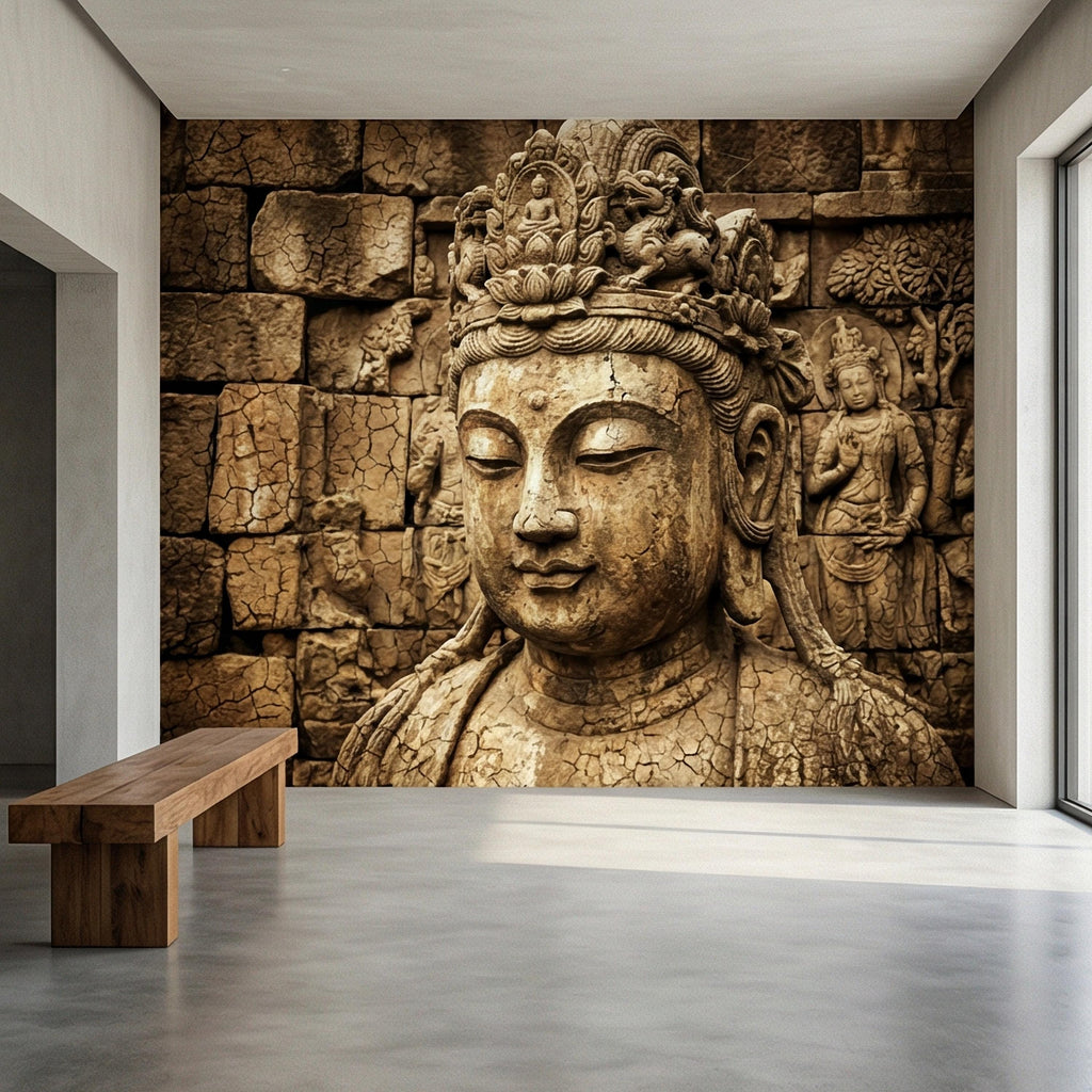 Ancient Buddha Statue Peel and Stick Wall Mural, Weathered Asian Temple Sculpture, Carved Stone Relief, Serene Zen Meditation Wallpaper