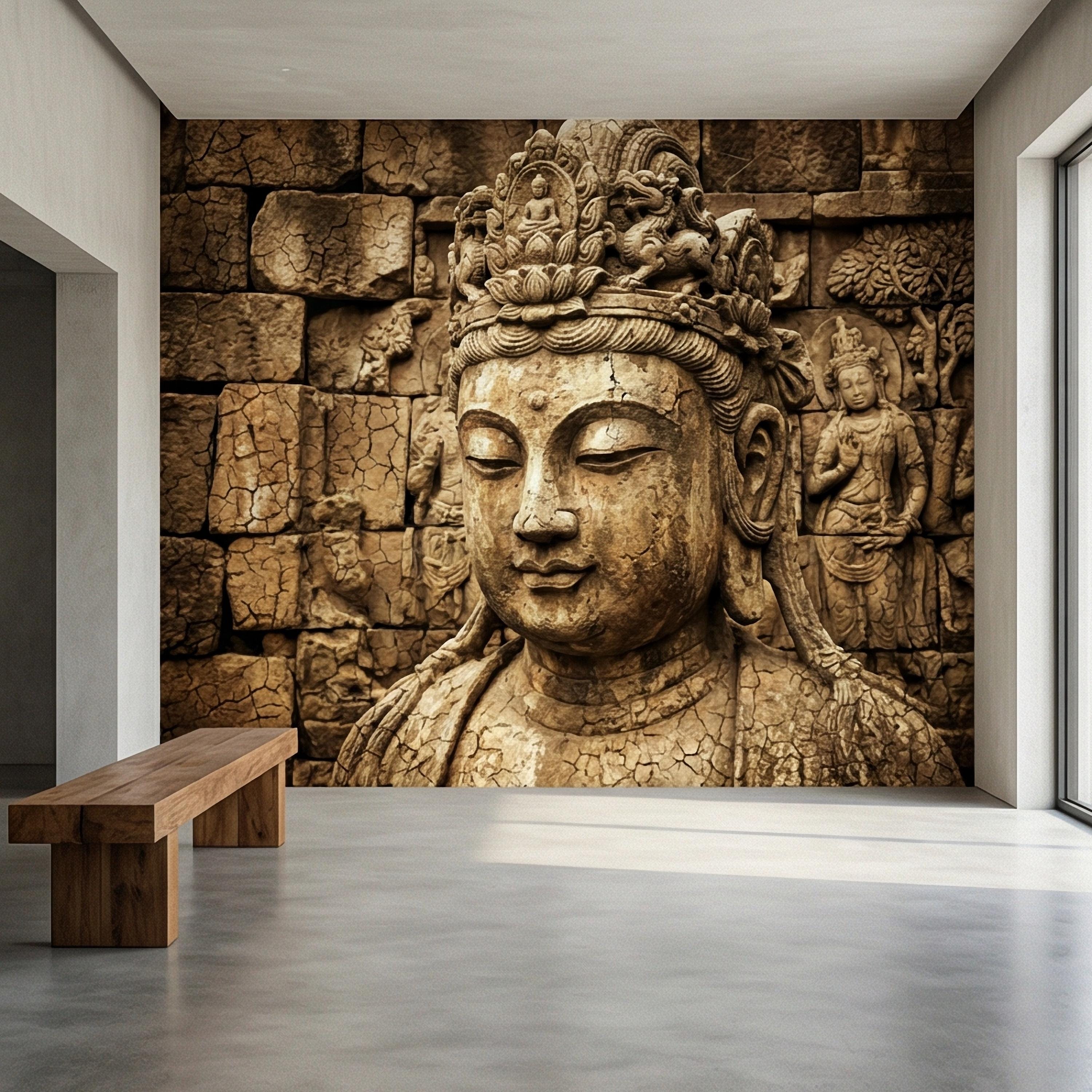 Ancient Buddha Statue Peel and Stick Wall Mural, Weathered Asian Temple Sculpture, Carved Stone Relief, Serene Zen Meditation Wallpaper