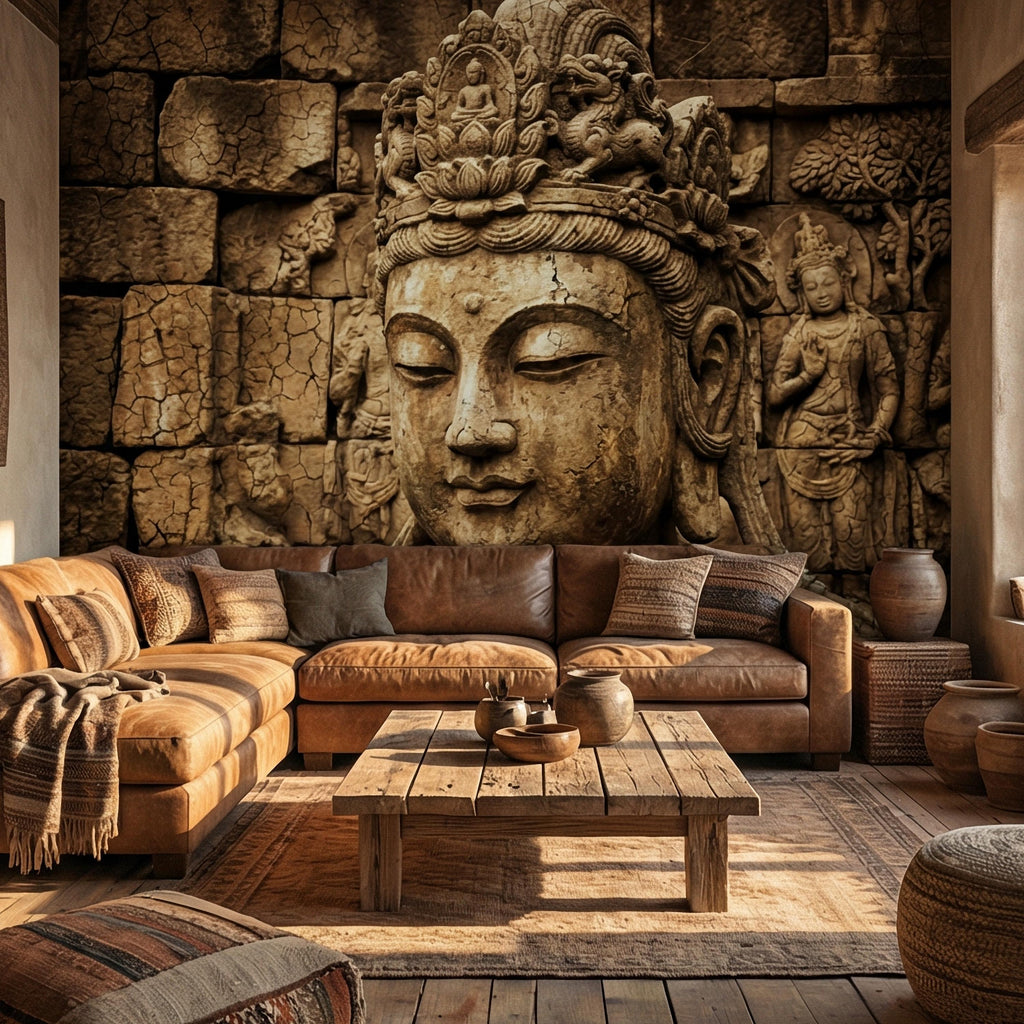 Ancient Buddha Statue Peel and Stick Wall Mural, Weathered Asian Temple Sculpture, Carved Stone Relief, Serene Zen Meditation Wallpaper