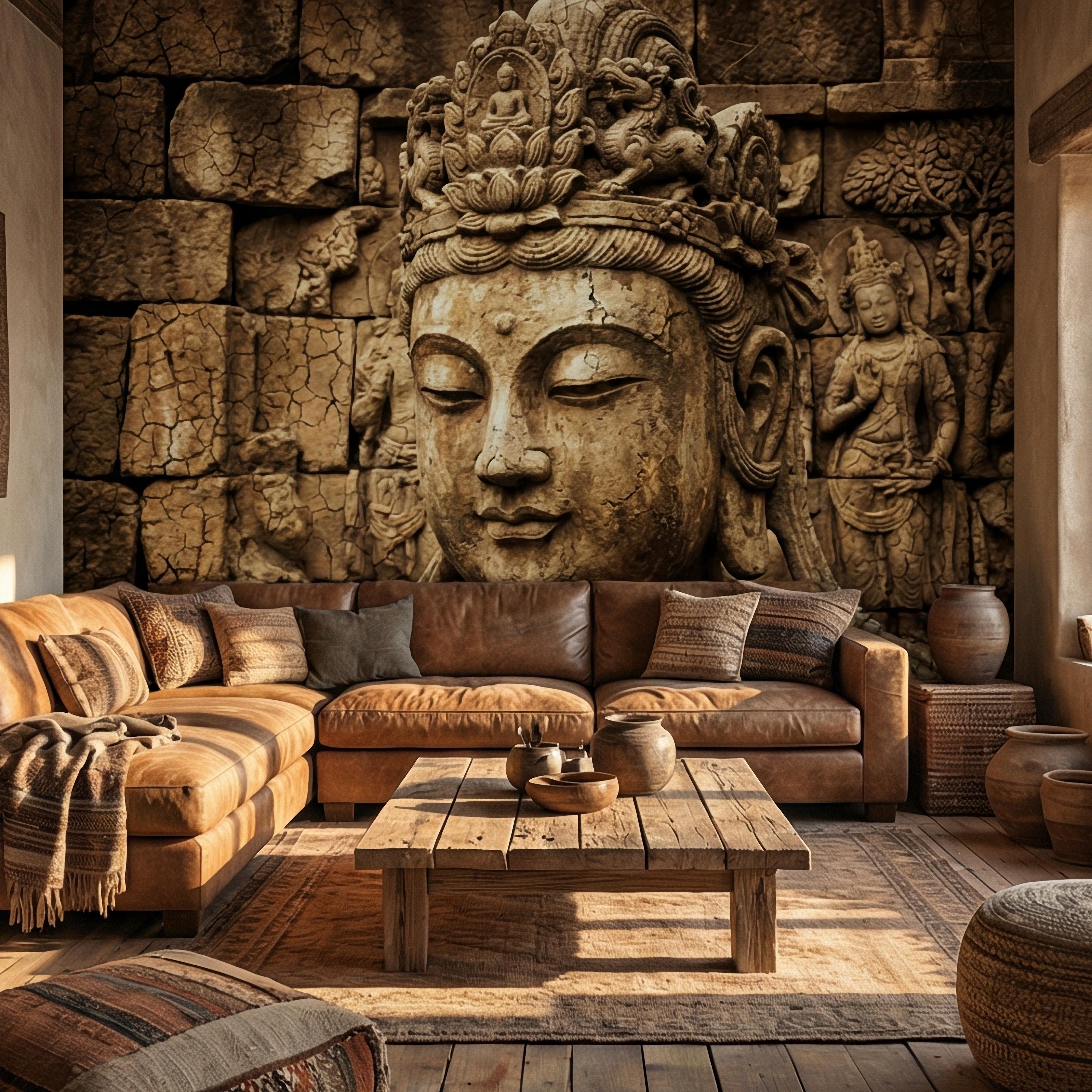 Ancient Buddha Statue Peel and Stick Wall Mural, Weathered Asian Temple Sculpture, Carved Stone Relief, Serene Zen Meditation Wallpaper