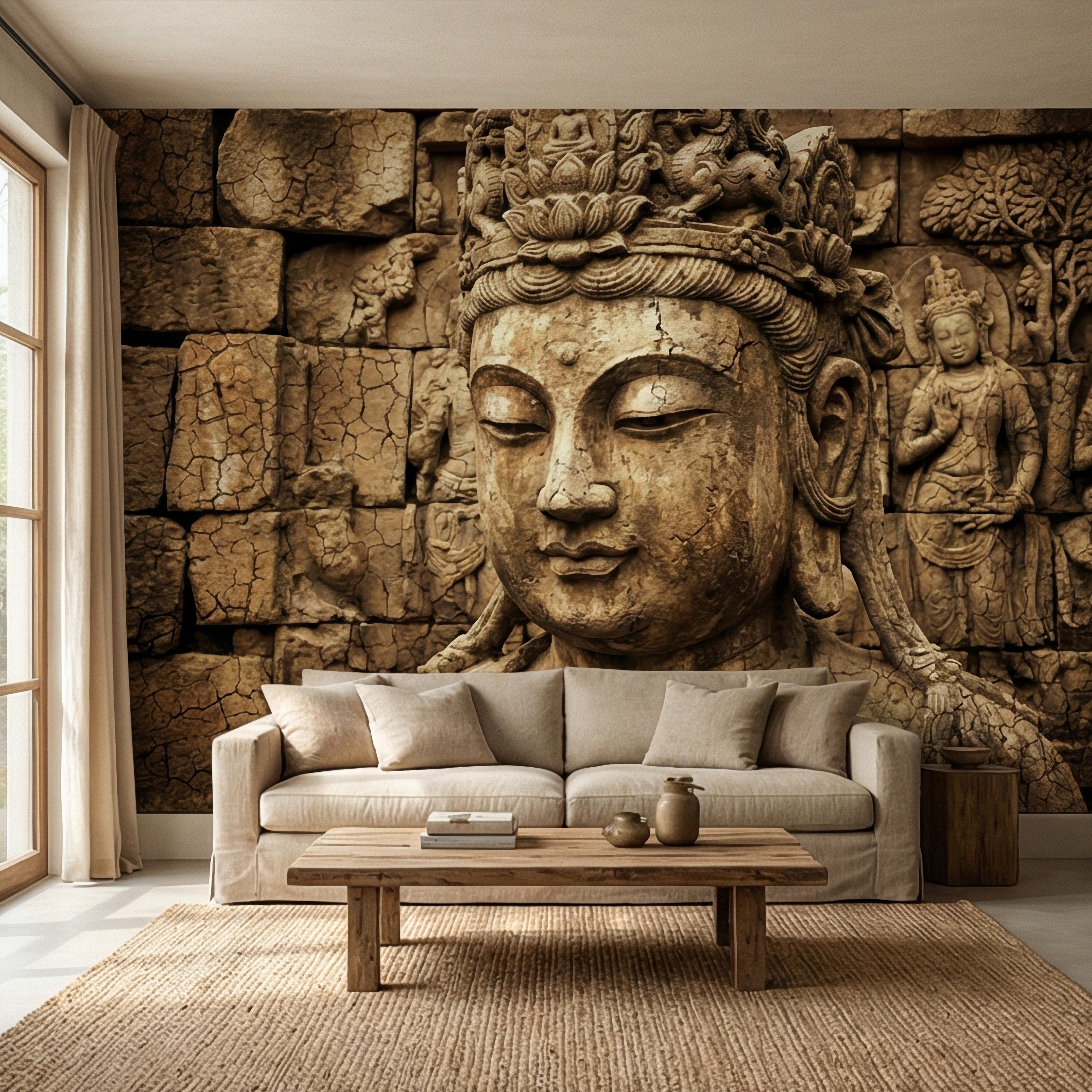 Ancient Buddha Statue Peel and Stick Wall Mural, Weathered Asian Temple Sculpture, Carved Stone Relief, Serene Zen Meditation Wallpaper
