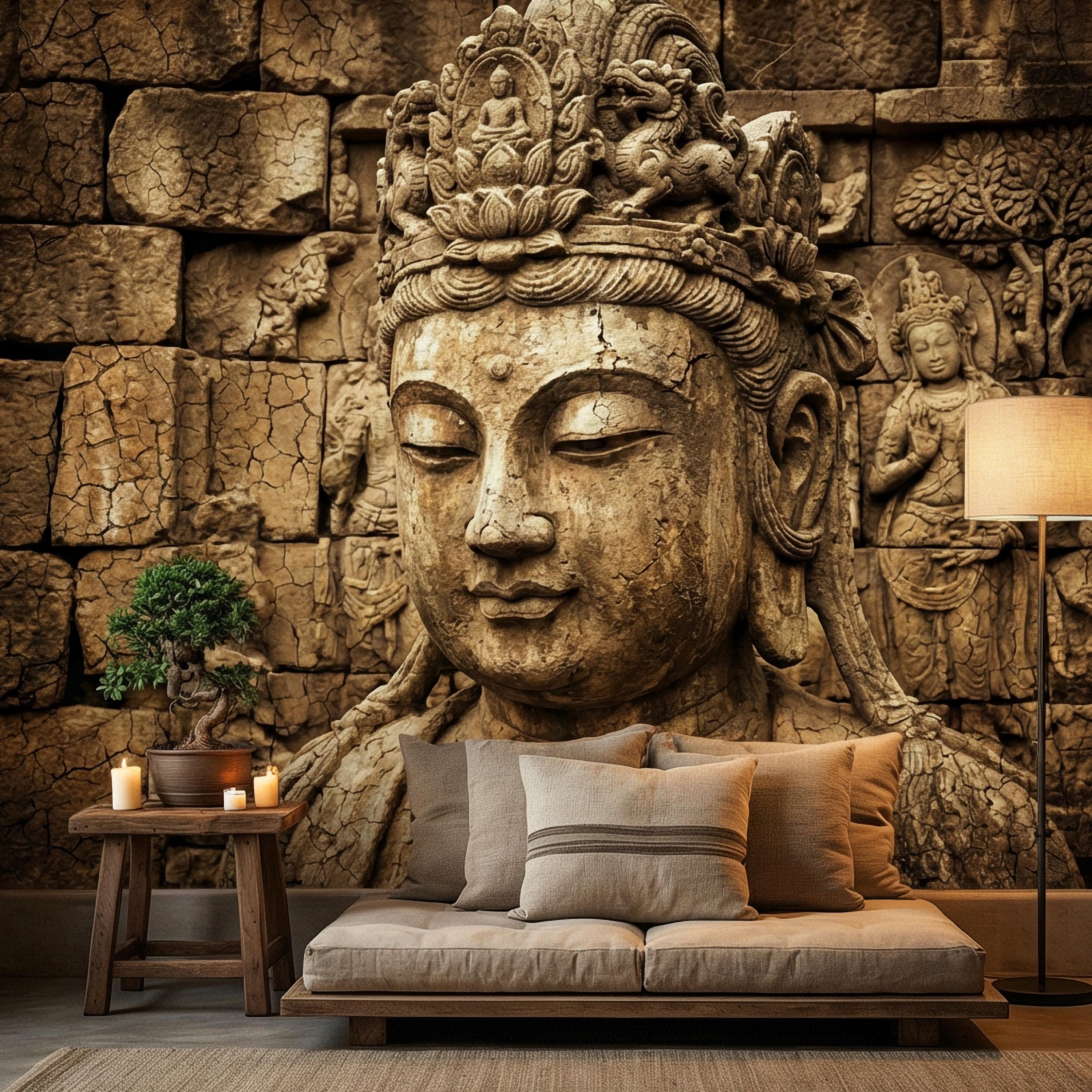 Ancient Buddha Statue Peel and Stick Wall Mural, Weathered Asian Temple Sculpture, Carved Stone Relief, Serene Zen Meditation Wallpaper