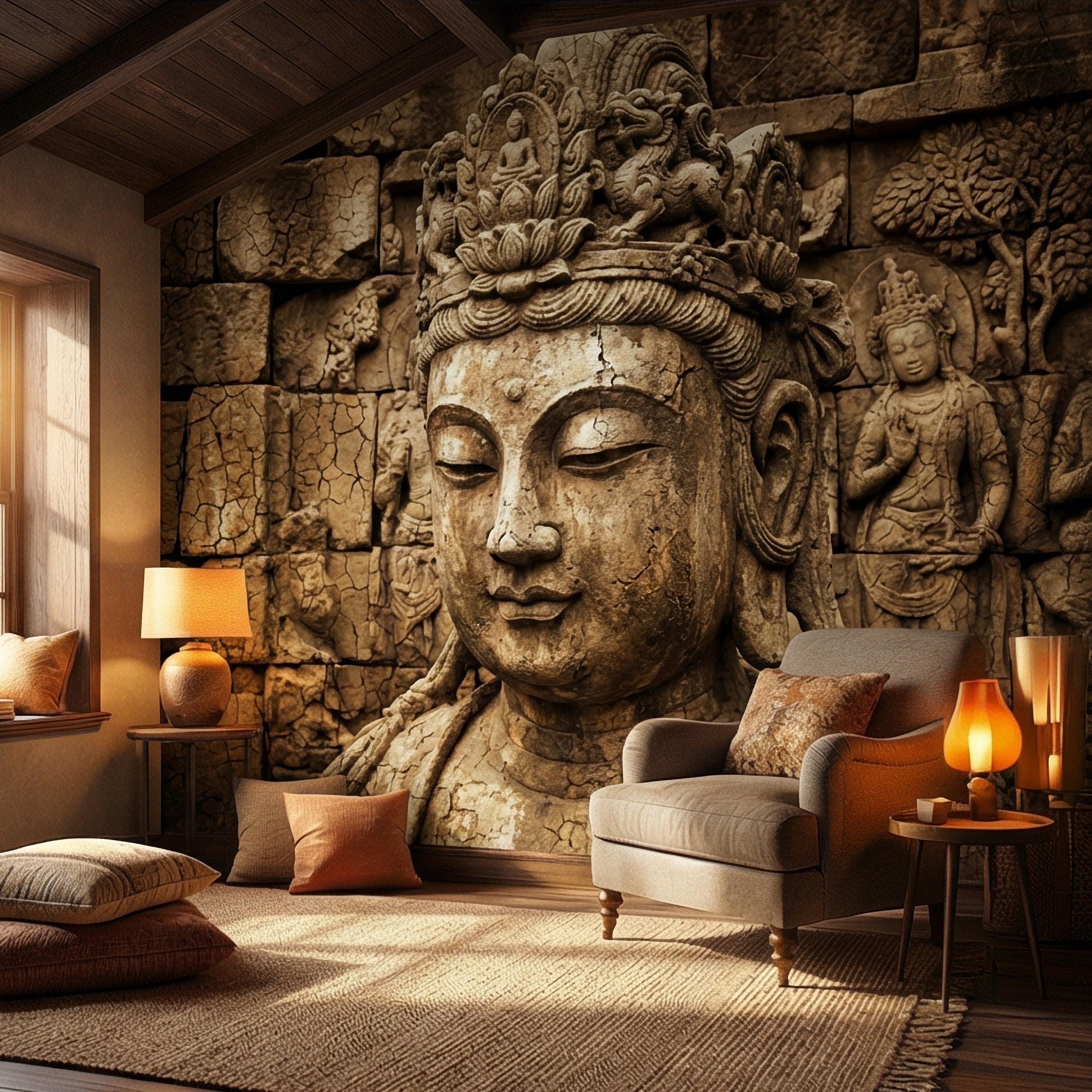 Ancient Buddha Statue Peel and Stick Wall Mural, Weathered Asian Temple Sculpture, Carved Stone Relief, Serene Zen Meditation Wallpaper