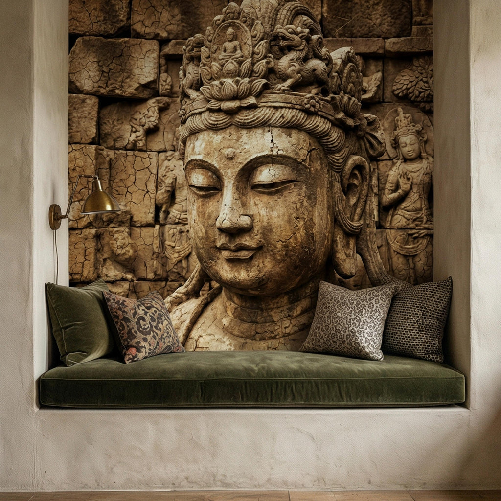 Ancient Buddha Statue Peel and Stick Wall Mural, Weathered Asian Temple Sculpture, Carved Stone Relief, Serene Zen Meditation Wallpaper