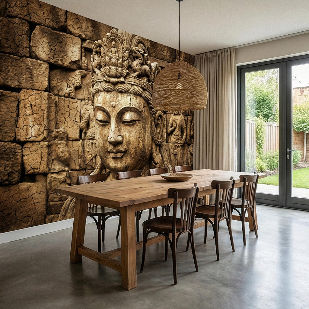 Ancient Buddha Statue Peel and Stick Wall Mural, Weathered Asian Temple Sculpture, Carved Stone Relief, Serene Zen Meditation Wallpaper