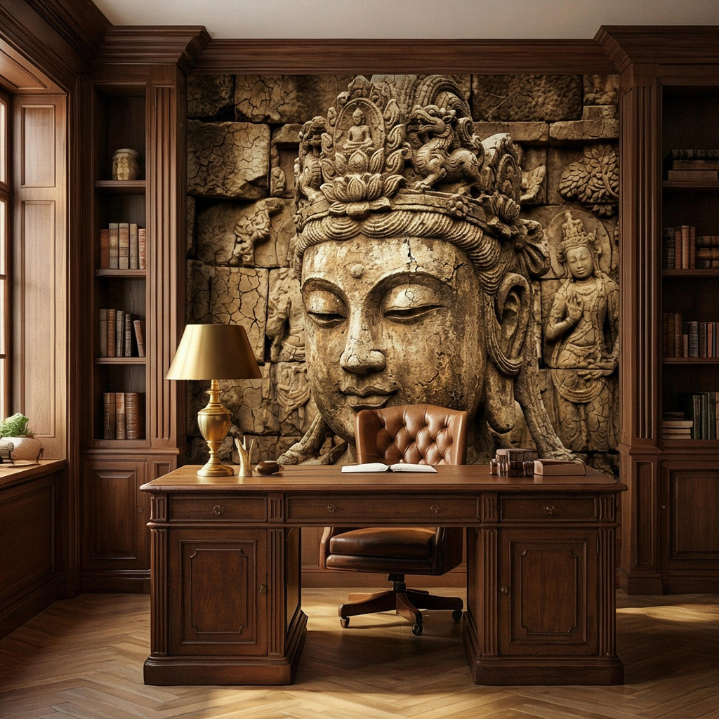 Ancient Buddha Statue Peel and Stick Wall Mural, Weathered Asian Temple Sculpture, Carved Stone Relief, Serene Zen Meditation Wallpaper
