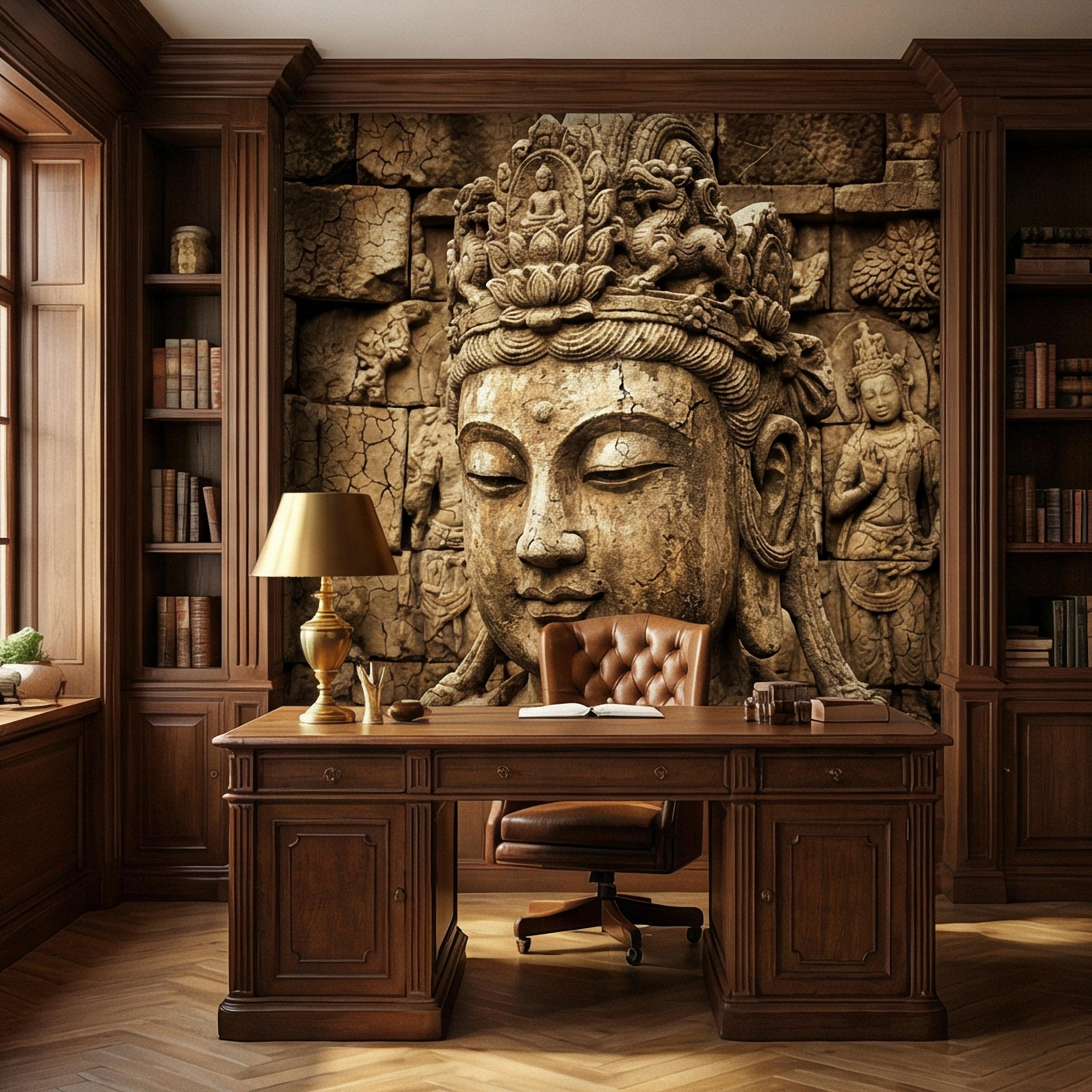 Ancient Buddha Statue Peel and Stick Wall Mural, Weathered Asian Temple Sculpture, Carved Stone Relief, Serene Zen Meditation Wallpaper