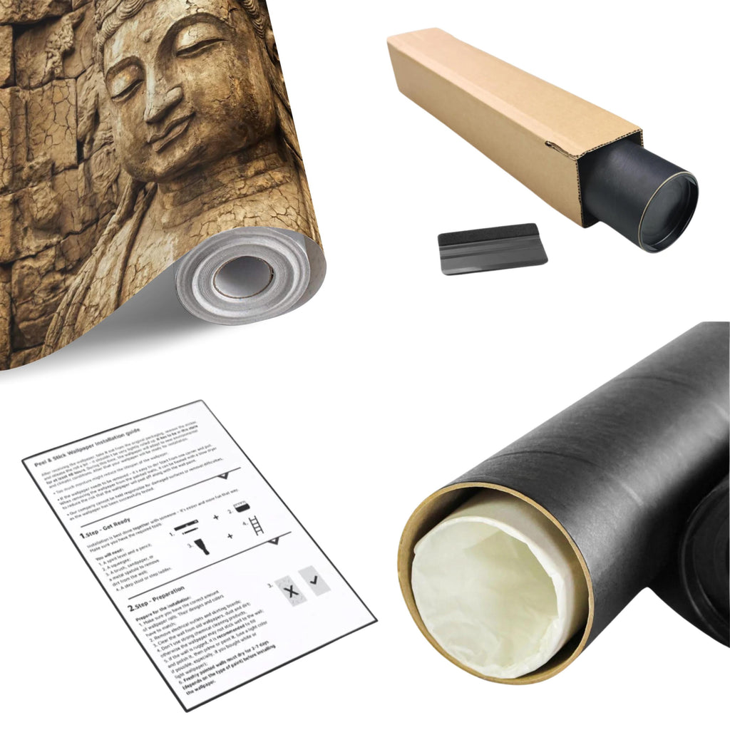 Ancient Buddha Statue Peel and Stick Wall Mural, Weathered Asian Temple Sculpture, Carved Stone Relief, Serene Zen Meditation Wallpaper