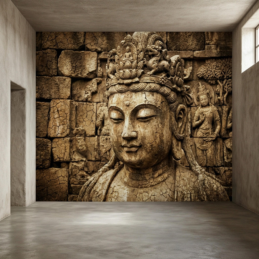 Ancient Buddha Statue Peel and Stick Wall Mural, Weathered Asian Temple Sculpture, Carved Stone Relief, Serene Zen Meditation Wallpaper