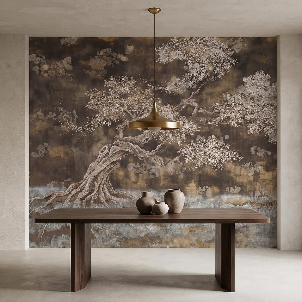 Zen Blossom Tree Peel and Stick Wall Mural, Neutral Brown Ink Wash Bonsai Roots Landscape, Japanese Wabi Sabi Minimal Wallpaper