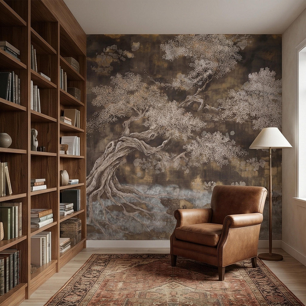 Zen Blossom Tree Peel and Stick Wall Mural, Neutral Brown Ink Wash Bonsai Roots Landscape, Japanese Wabi Sabi Minimal Wallpaper