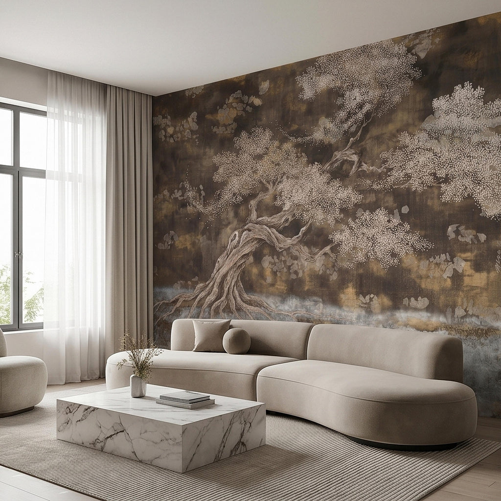 Zen Blossom Tree Peel and Stick Wall Mural, Neutral Brown Ink Wash Bonsai Roots Landscape, Japanese Wabi Sabi Minimal Wallpaper