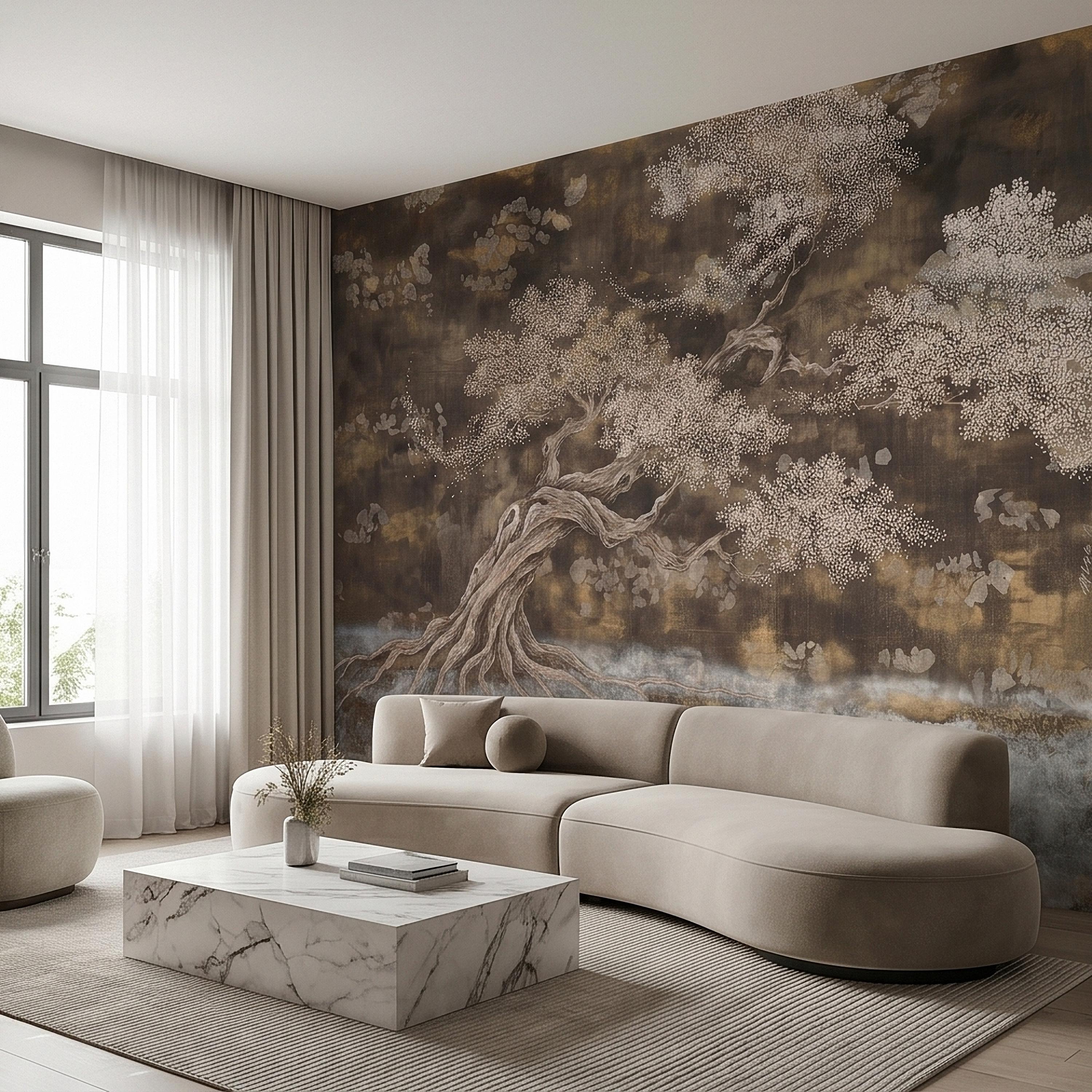 Zen Blossom Tree Peel and Stick Wall Mural, Neutral Brown Ink Wash Bonsai Roots Landscape, Japanese Wabi Sabi Minimal Wallpaper