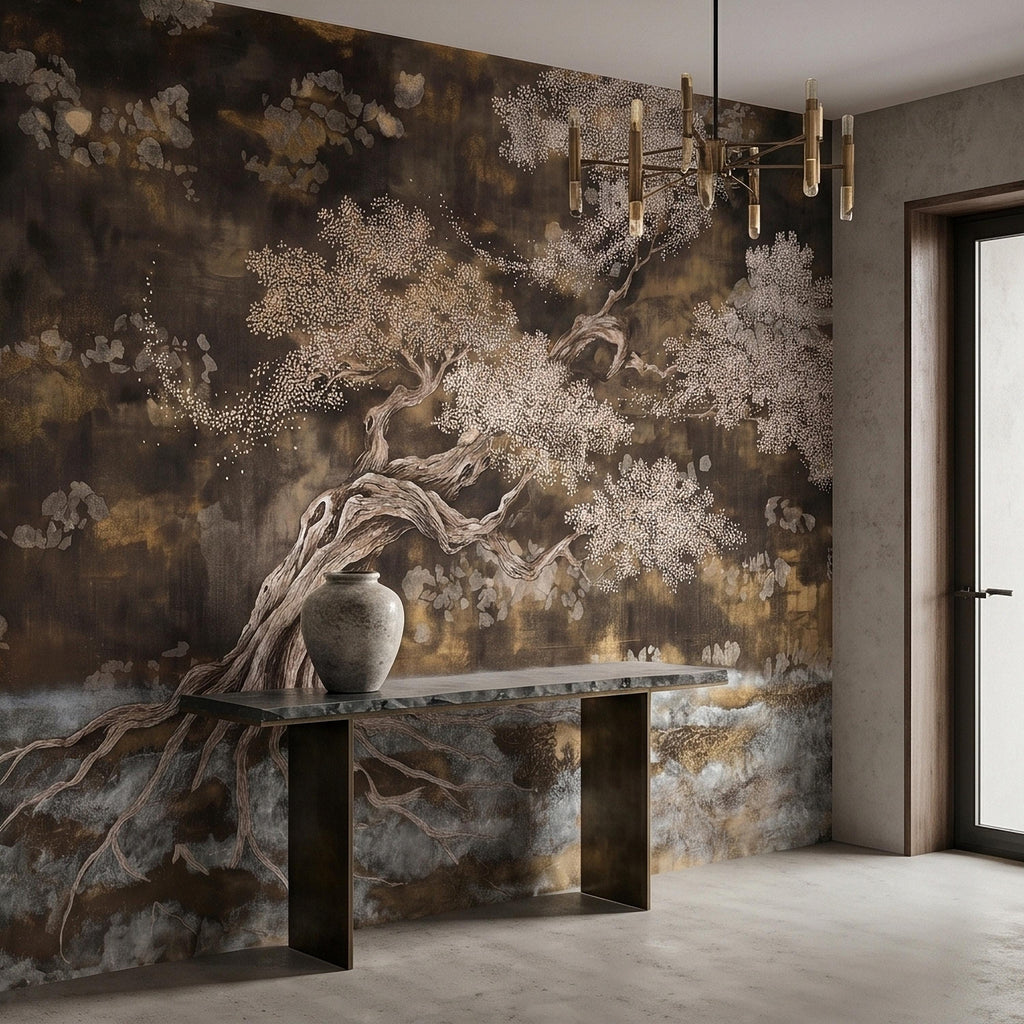 Zen Blossom Tree Peel and Stick Wall Mural, Neutral Brown Ink Wash Bonsai Roots Landscape, Japanese Wabi Sabi Minimal Wallpaper