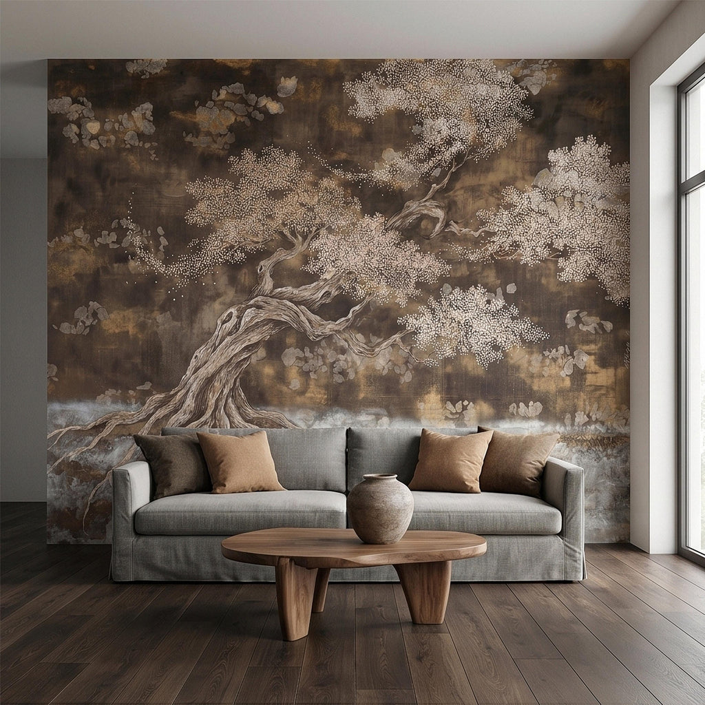 Zen Blossom Tree Peel and Stick Wall Mural, Neutral Brown Ink Wash Bonsai Roots Landscape, Japanese Wabi Sabi Minimal Wallpaper