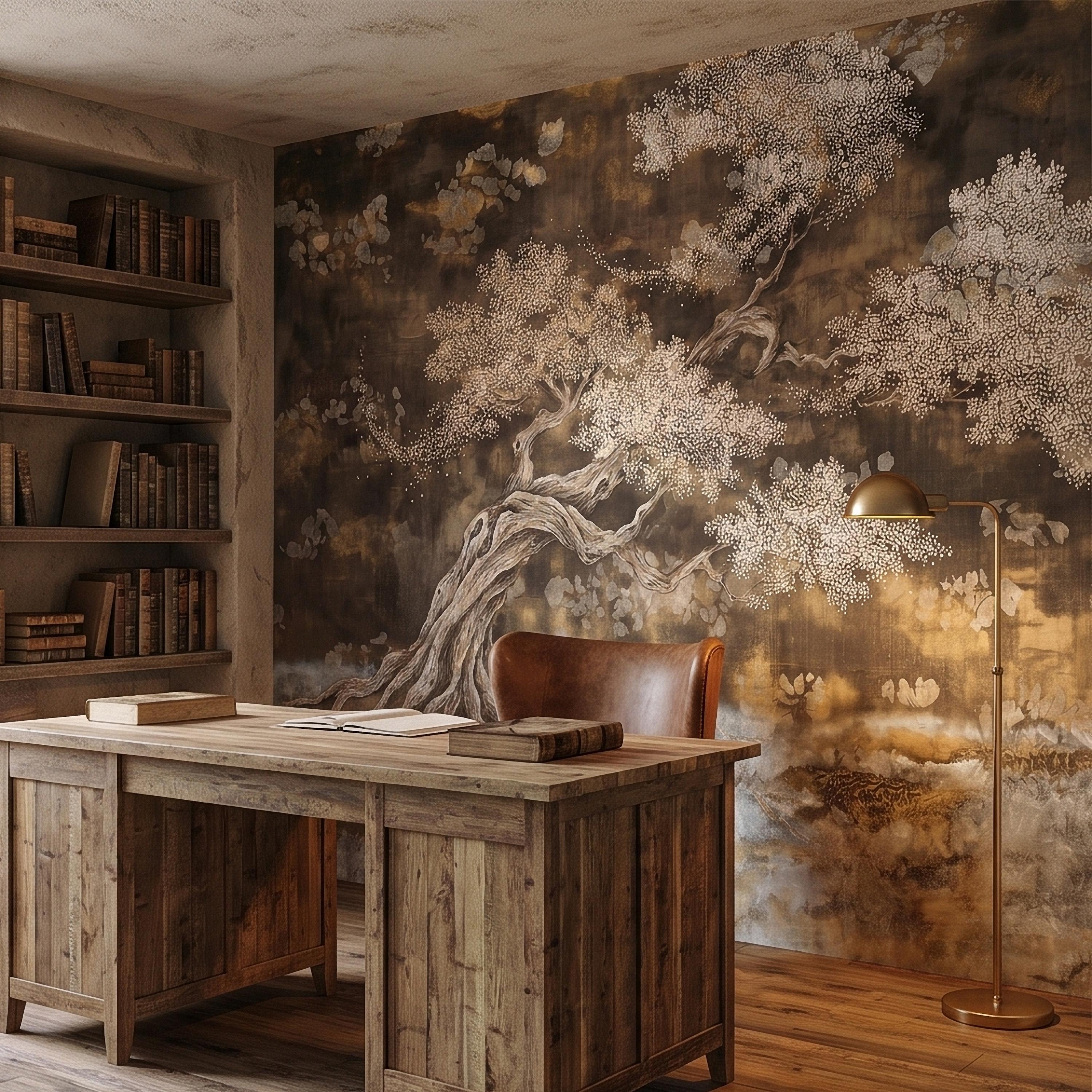 Zen Blossom Tree Peel and Stick Wall Mural, Neutral Brown Ink Wash Bonsai Roots Landscape, Japanese Wabi Sabi Minimal Wallpaper