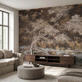 Zen Blossom Tree Peel and Stick Wall Mural, Neutral Brown Ink Wash Bonsai Roots Landscape, Japanese Wabi Sabi Minimal Wallpaper