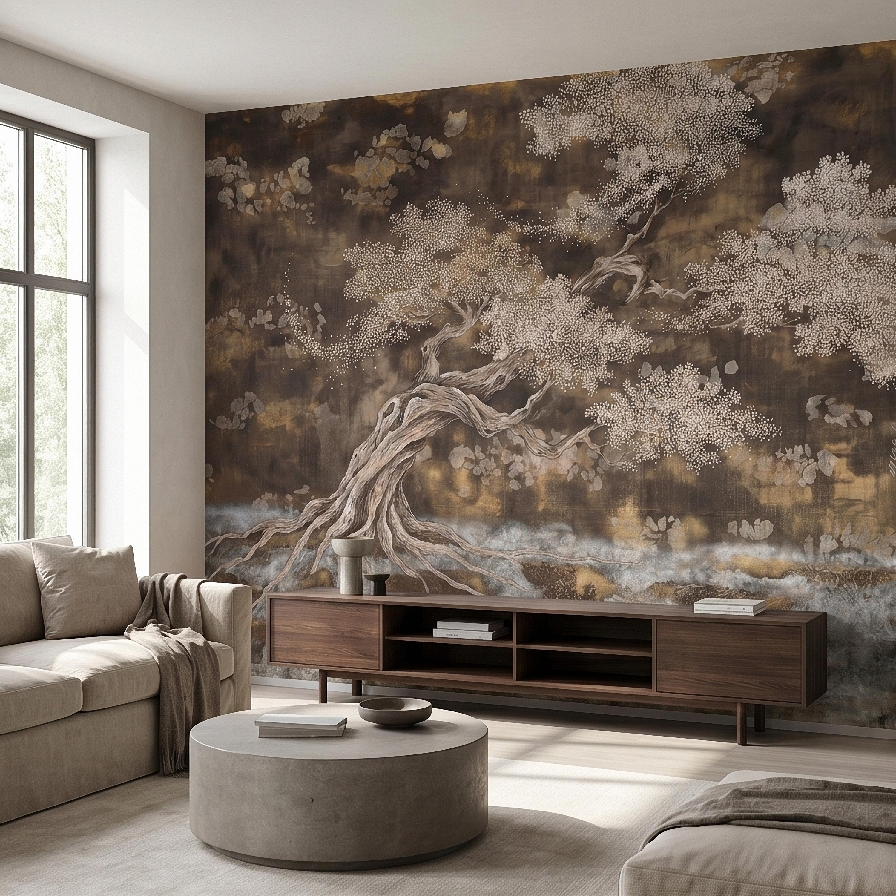 Zen Blossom Tree Peel and Stick Wall Mural, Neutral Brown Ink Wash Bonsai Roots Landscape, Japanese Wabi Sabi Minimal Wallpaper