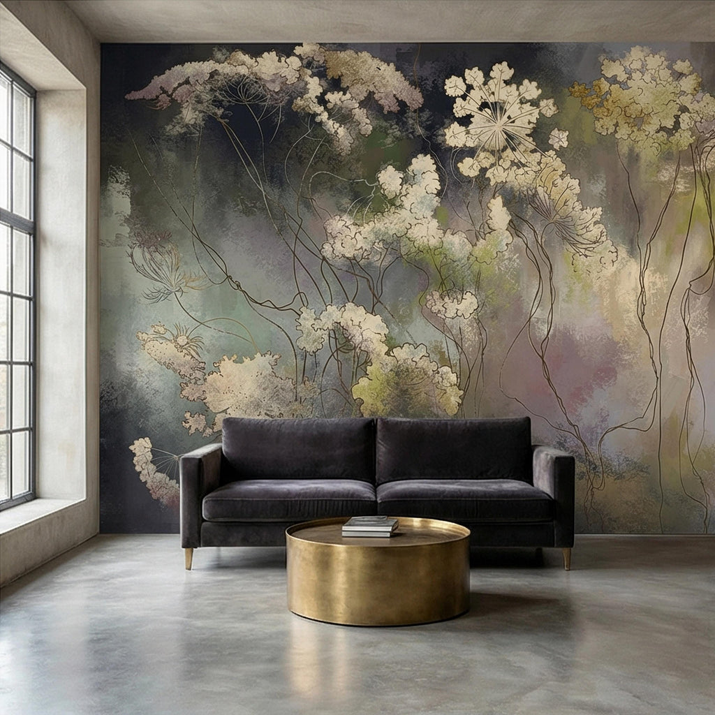 Abstract Botanical Peel and Stick Wall Mural, Moody Wildflower Line Art, Ethereal Floral Mist, Dark Modern Pastel Watercolor Wallpaper