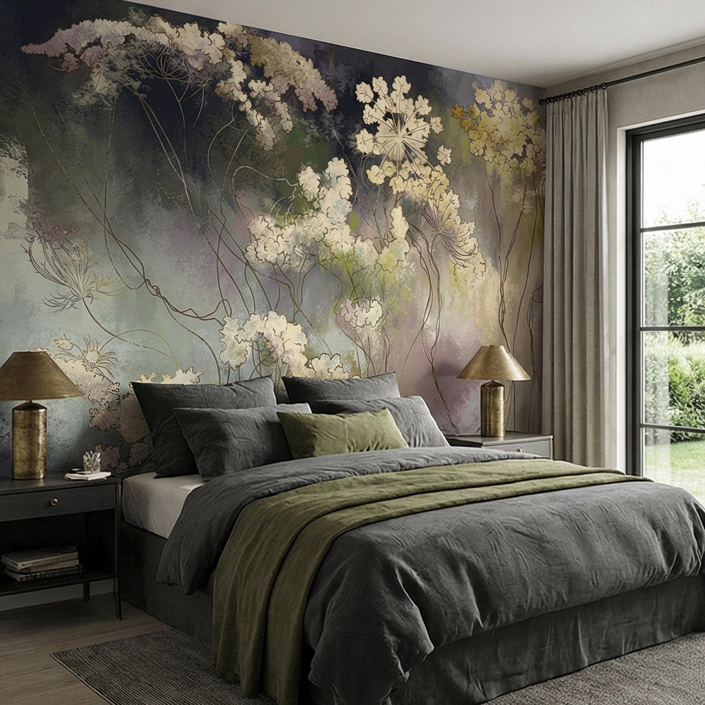 Abstract Botanical Peel and Stick Wall Mural, Moody Wildflower Line Art, Ethereal Floral Mist, Dark Modern Pastel Watercolor Wallpaper