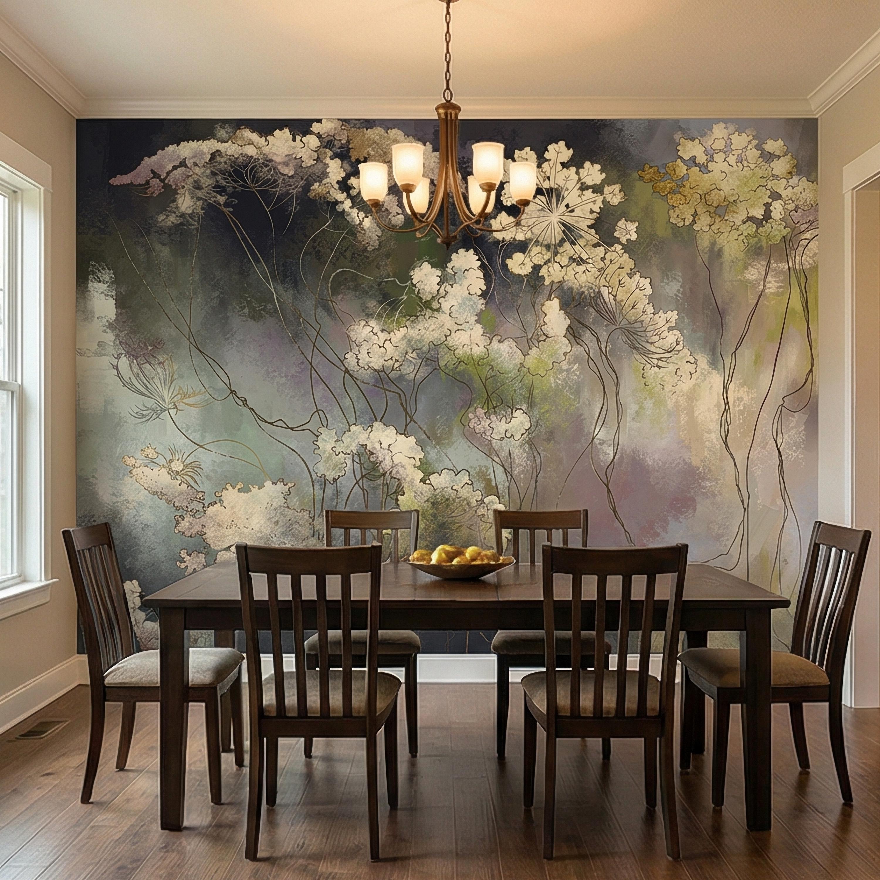 Abstract Botanical Peel and Stick Wall Mural, Moody Wildflower Line Art, Ethereal Floral Mist, Dark Modern Pastel Watercolor Wallpaper