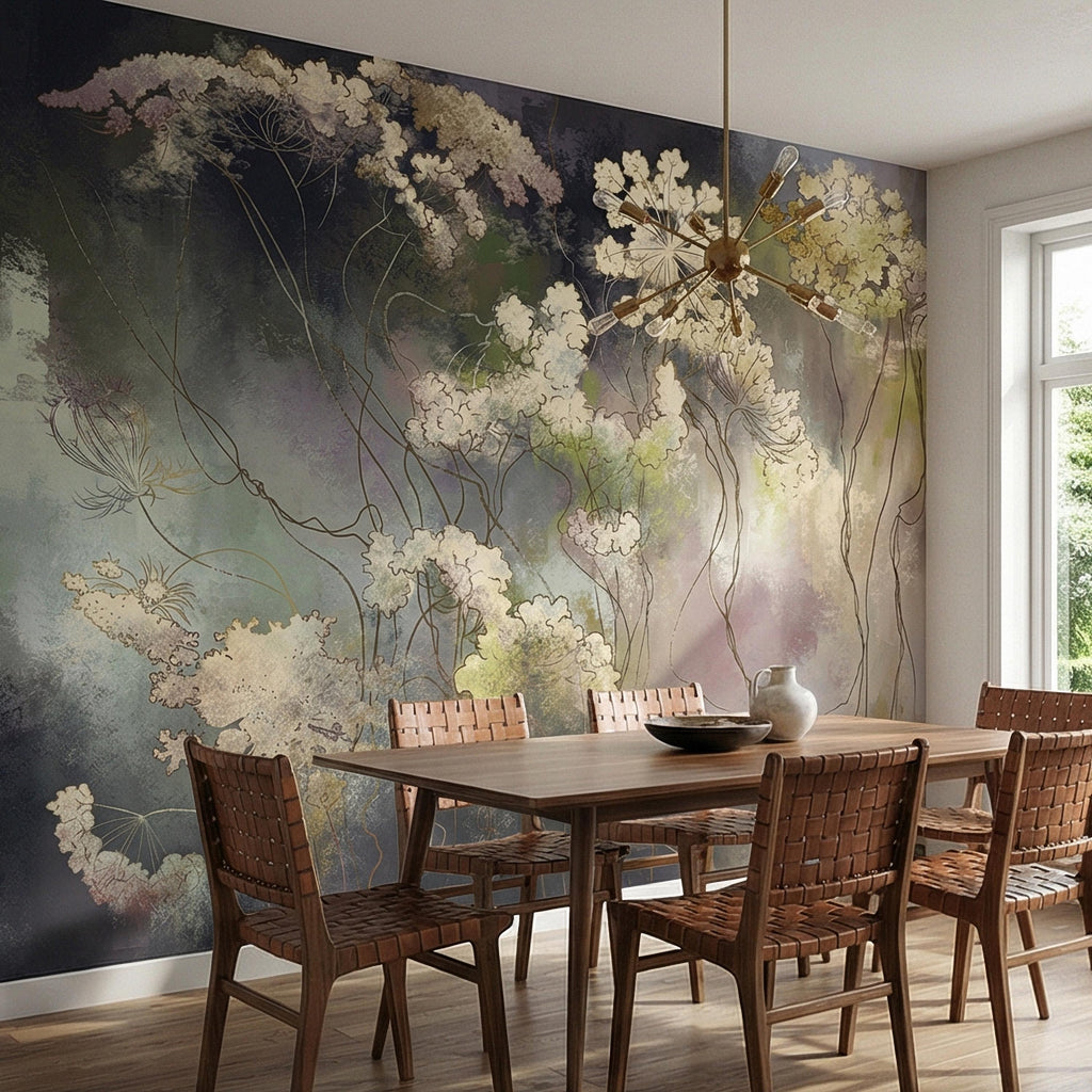 Abstract Botanical Peel and Stick Wall Mural, Moody Wildflower Line Art, Ethereal Floral Mist, Dark Modern Pastel Watercolor Wallpaper