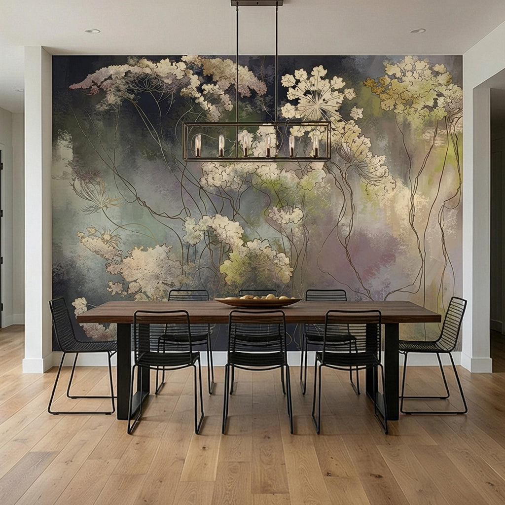 Abstract Botanical Peel and Stick Wall Mural, Moody Wildflower Line Art, Ethereal Floral Mist, Dark Modern Pastel Watercolor Wallpaper
