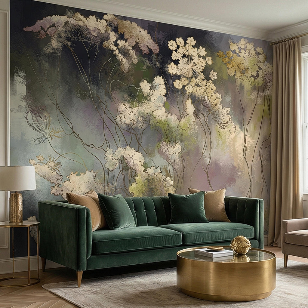 Abstract Botanical Peel and Stick Wall Mural, Moody Wildflower Line Art, Ethereal Floral Mist, Dark Modern Pastel Watercolor Wallpaper