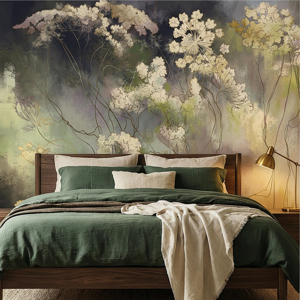 Abstract Botanical Peel and Stick Wall Mural, Moody Wildflower Line Art, Ethereal Floral Mist, Dark Modern Pastel Watercolor Wallpaper