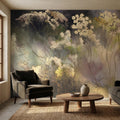 Abstract Botanical Peel and Stick Wall Mural, Moody Wildflower Line Art, Ethereal Floral Mist, Dark Modern Pastel Watercolor Wallpaper