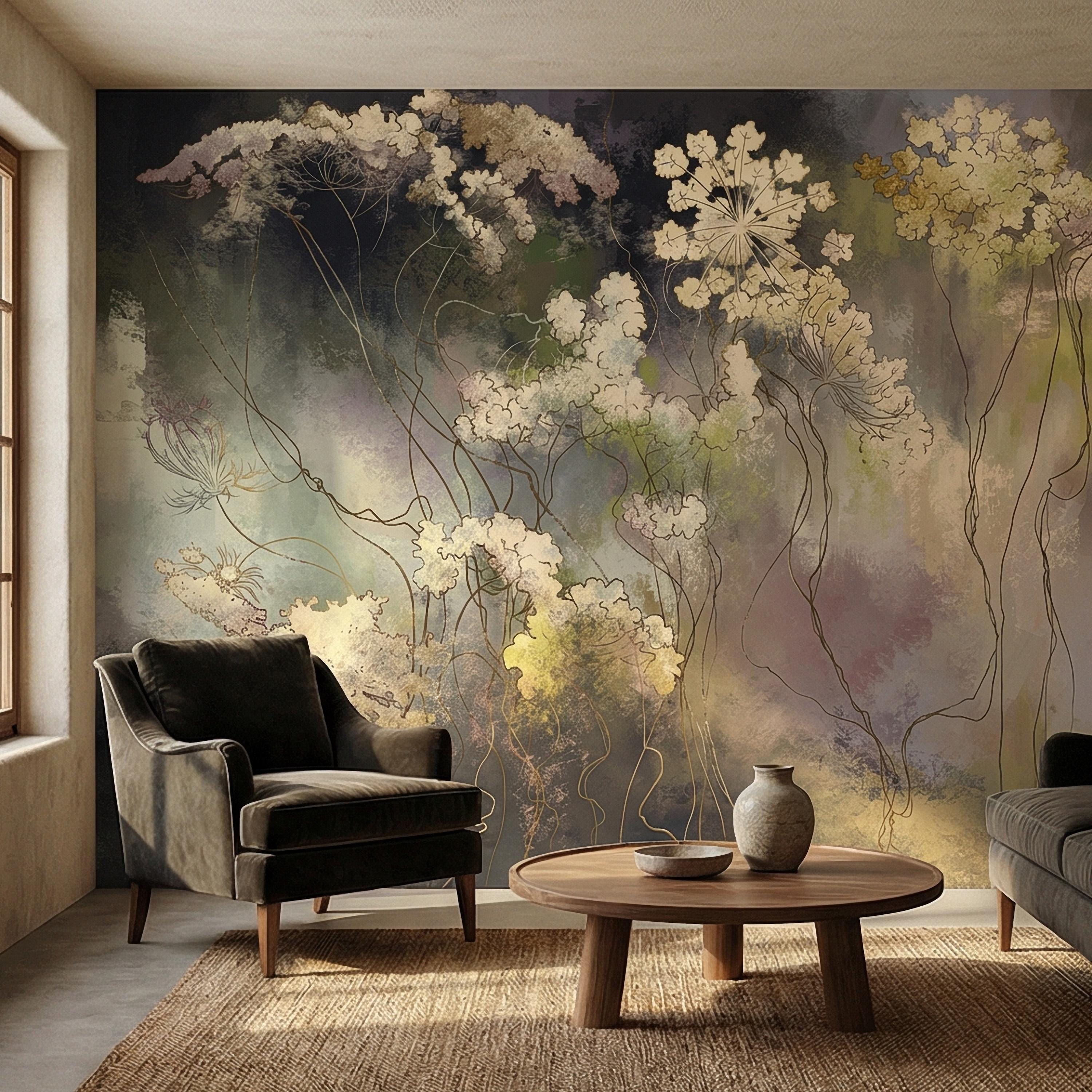 Abstract Botanical Peel and Stick Wall Mural, Moody Wildflower Line Art, Ethereal Floral Mist, Dark Modern Pastel Watercolor Wallpaper