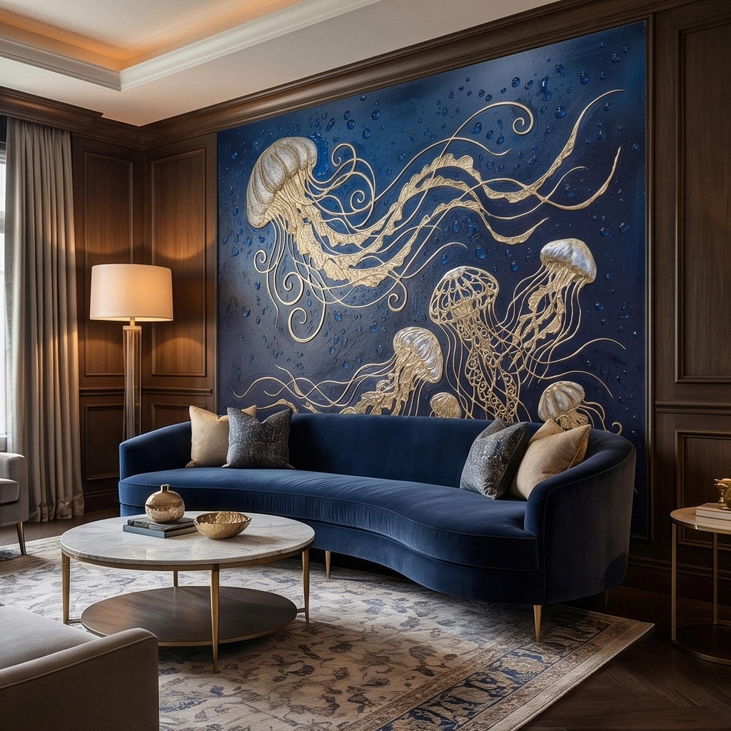 Golden Jellyfish Peel and Stick Wall Mural, Deep Midnight Blue Ocean Water Droplets Underwater Sea Life Art Deco Line Art Nautical Wallpaper