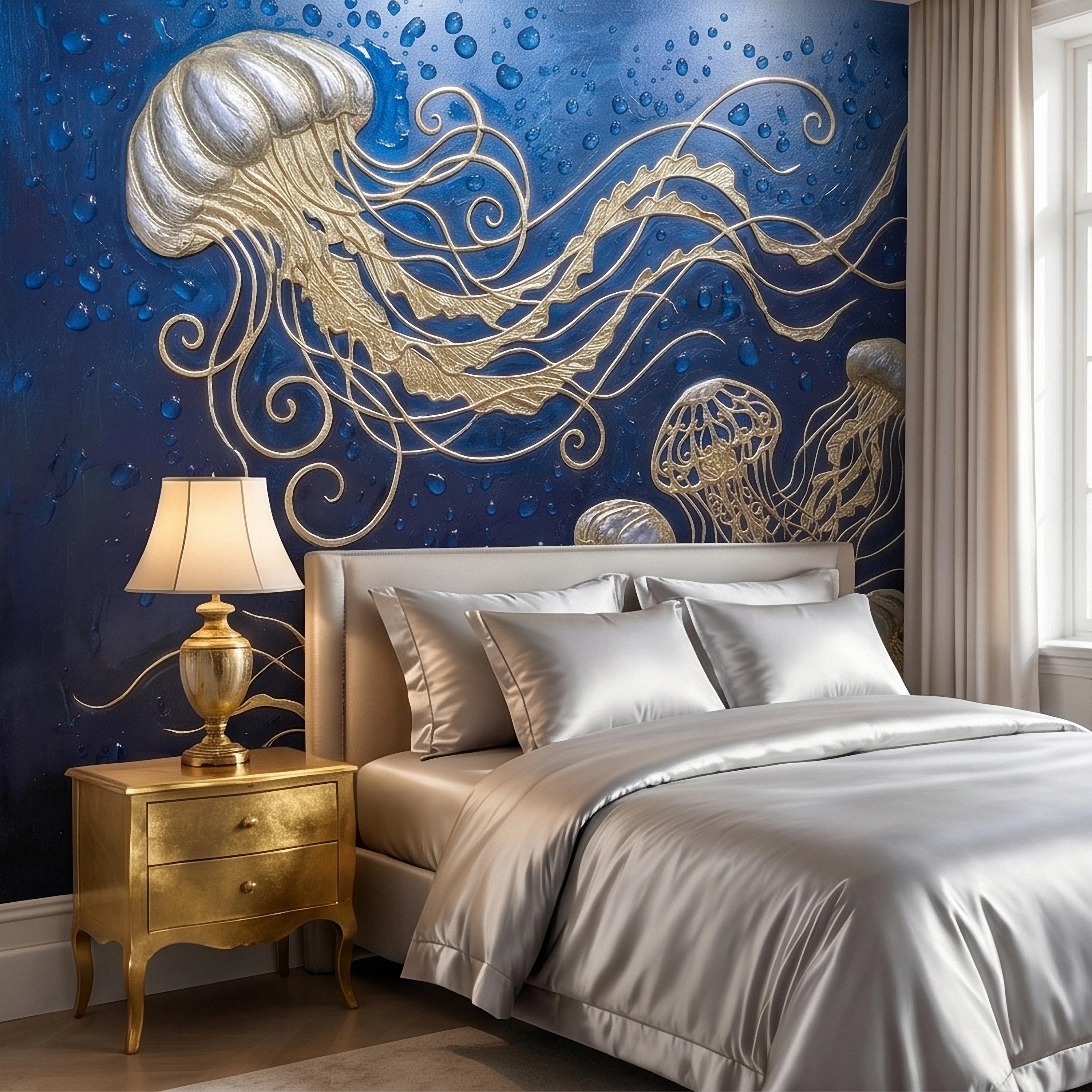 Golden Jellyfish Peel and Stick Wall Mural, Deep Midnight Blue Ocean Water Droplets Underwater Sea Life Art Deco Line Art Nautical Wallpaper