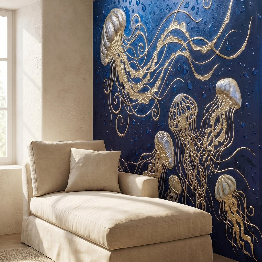 Golden Jellyfish Peel and Stick Wall Mural, Deep Midnight Blue Ocean Water Droplets Underwater Sea Life Art Deco Line Art Nautical Wallpaper