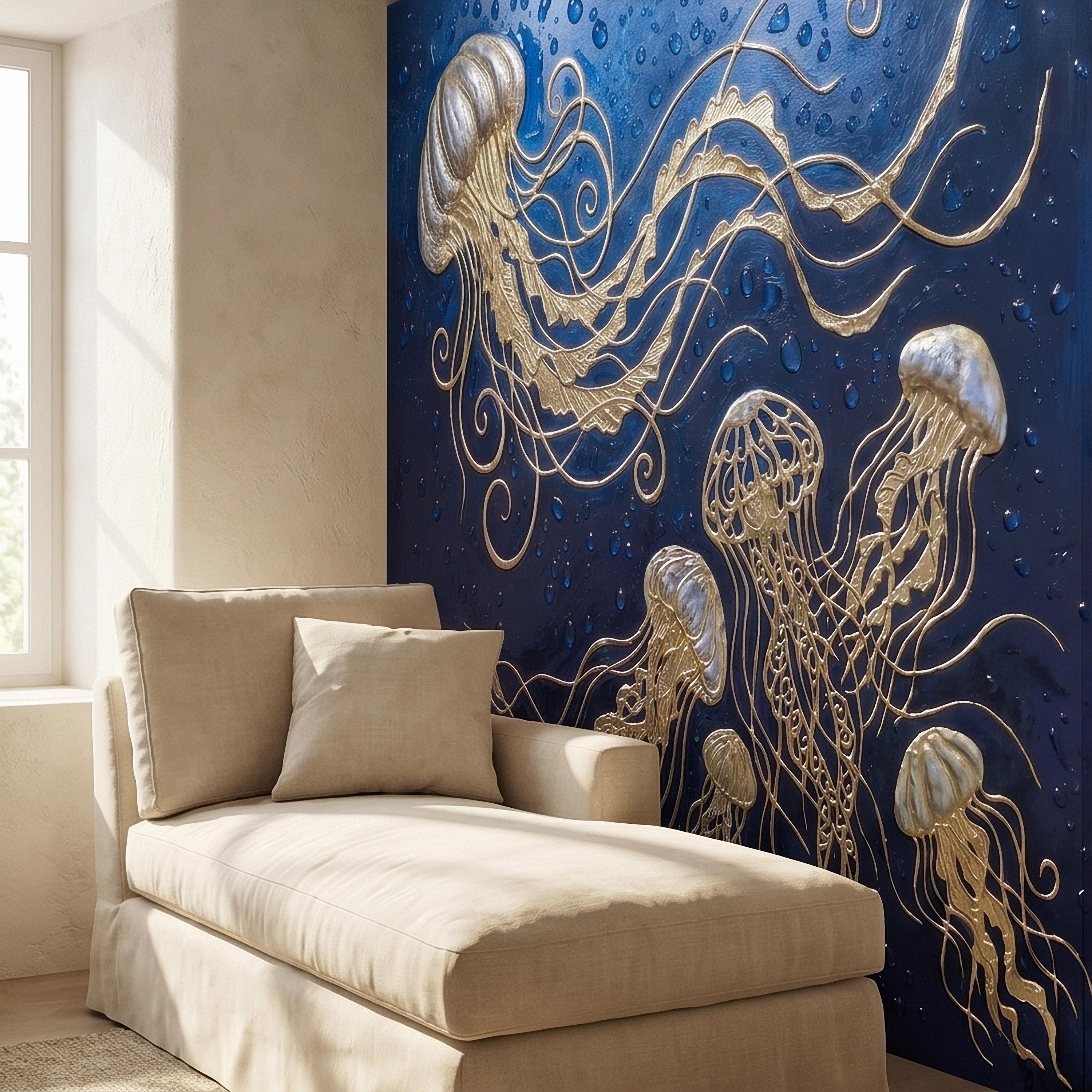 Golden Jellyfish Peel and Stick Wall Mural, Deep Midnight Blue Ocean Water Droplets Underwater Sea Life Art Deco Line Art Nautical Wallpaper