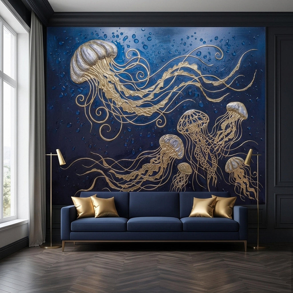 Golden Jellyfish Peel and Stick Wall Mural, Deep Midnight Blue Ocean Water Droplets Underwater Sea Life Art Deco Line Art Nautical Wallpaper